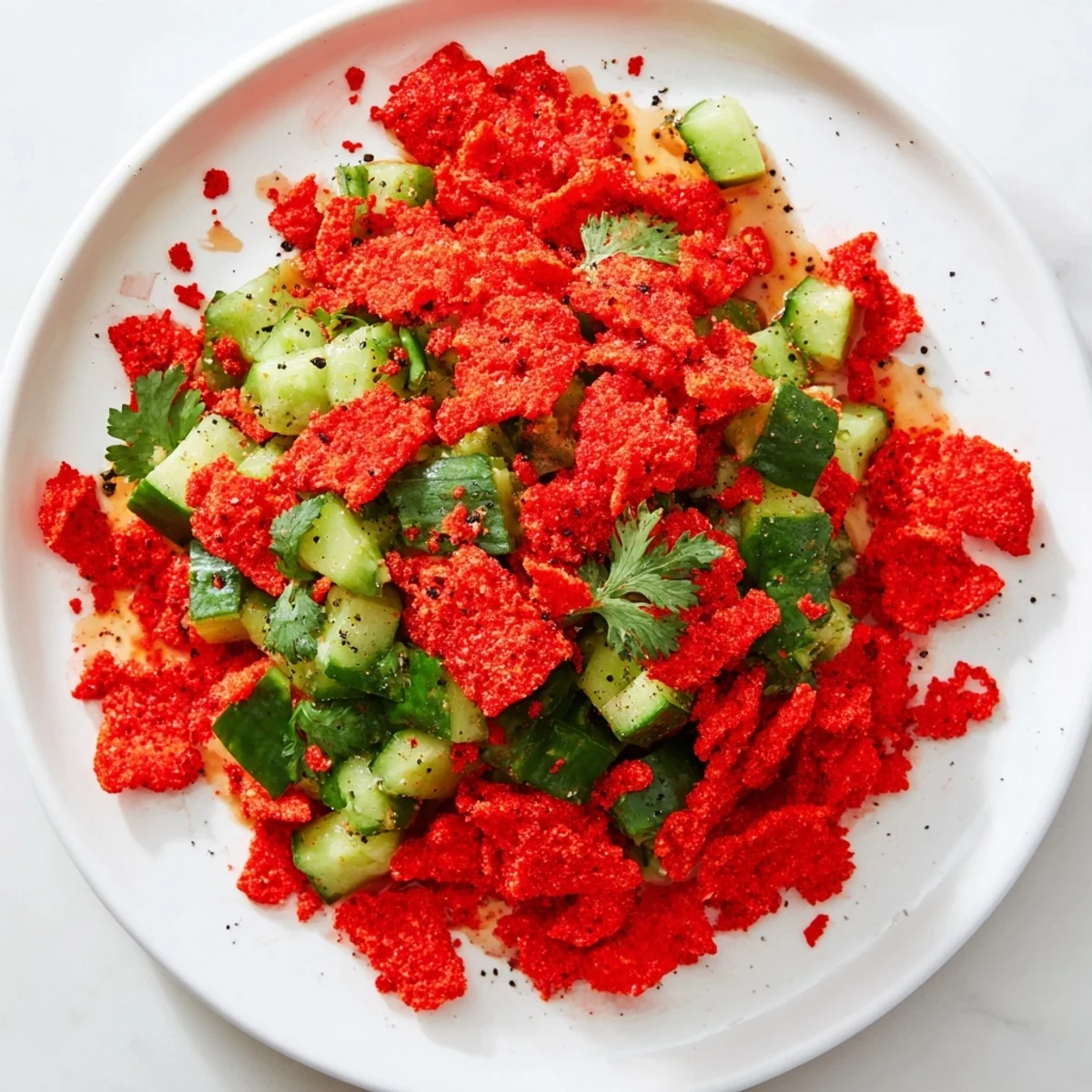 Fiery, red Flamin Hot Cheeto Salad with vibrant cilantro and cool cucumber visible.