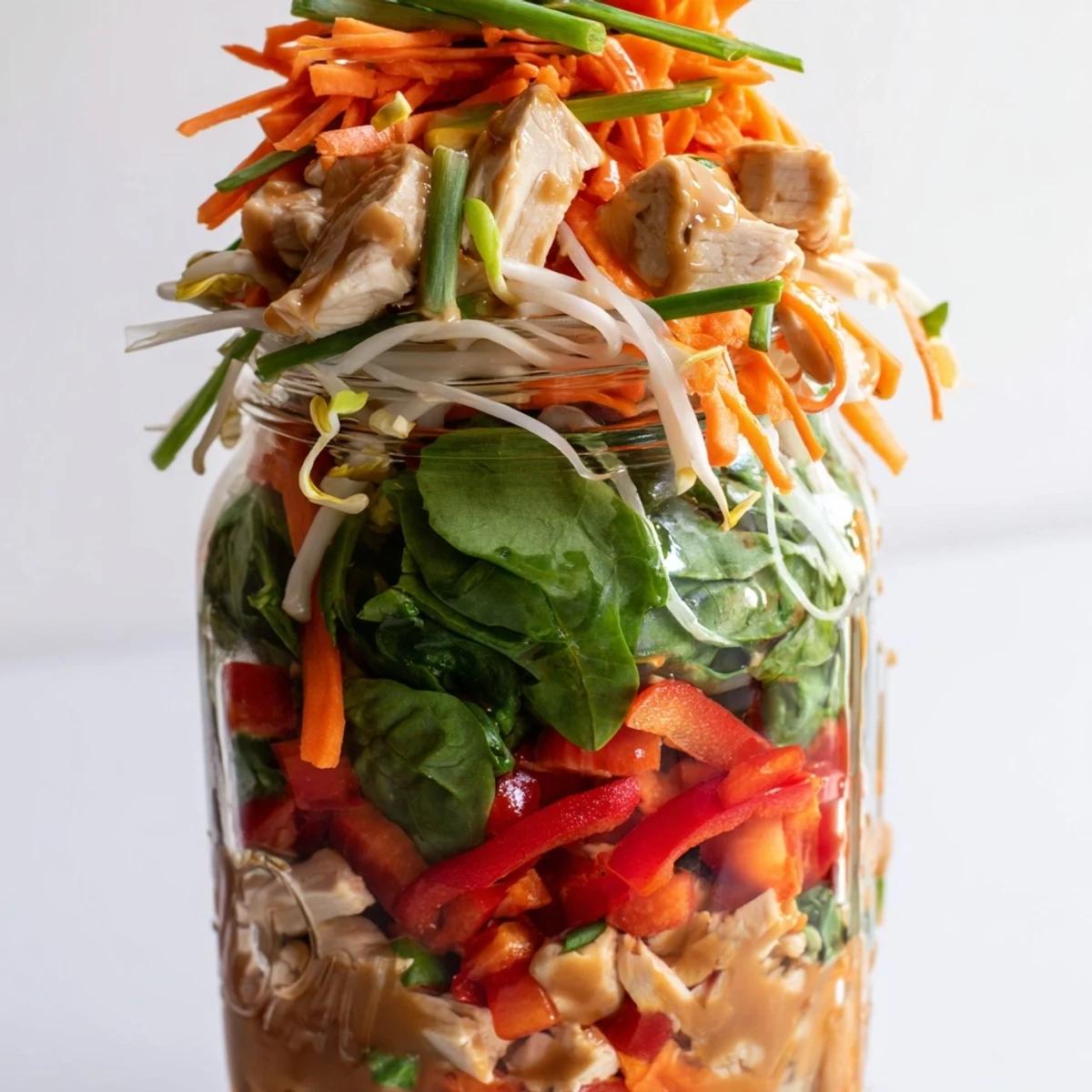 A delicious, layered mason jar Noodle Meal Prep, showcasing noodles, veggies, and savory sauce, perfect for lunches.
