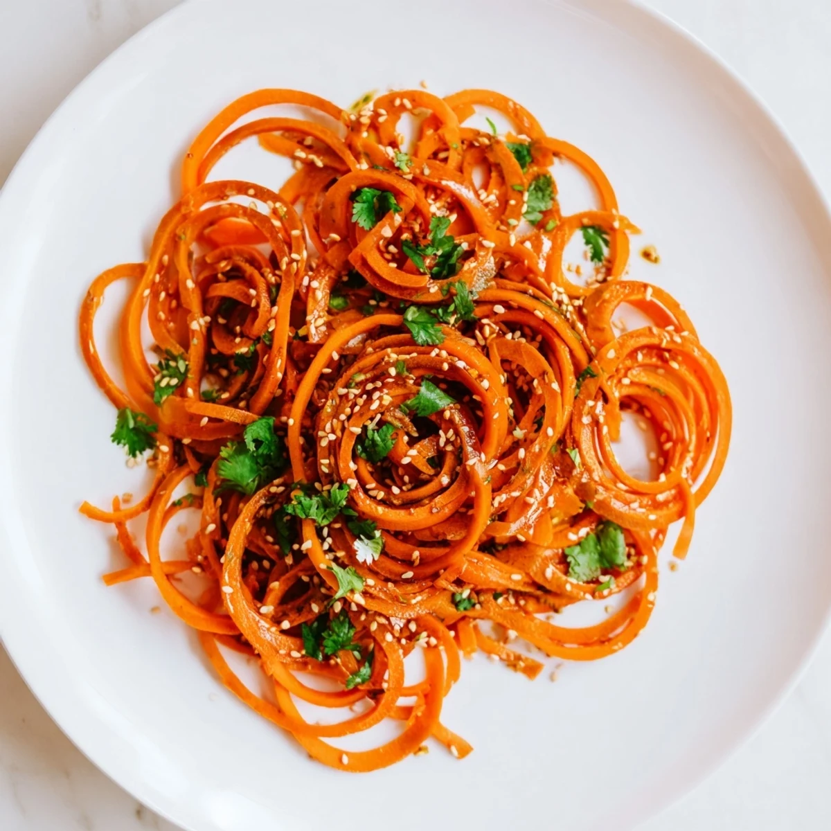 This Carrot Ribbon Salad Asian-Style features colorful carrot ribbons and a zesty, glossy dressing.