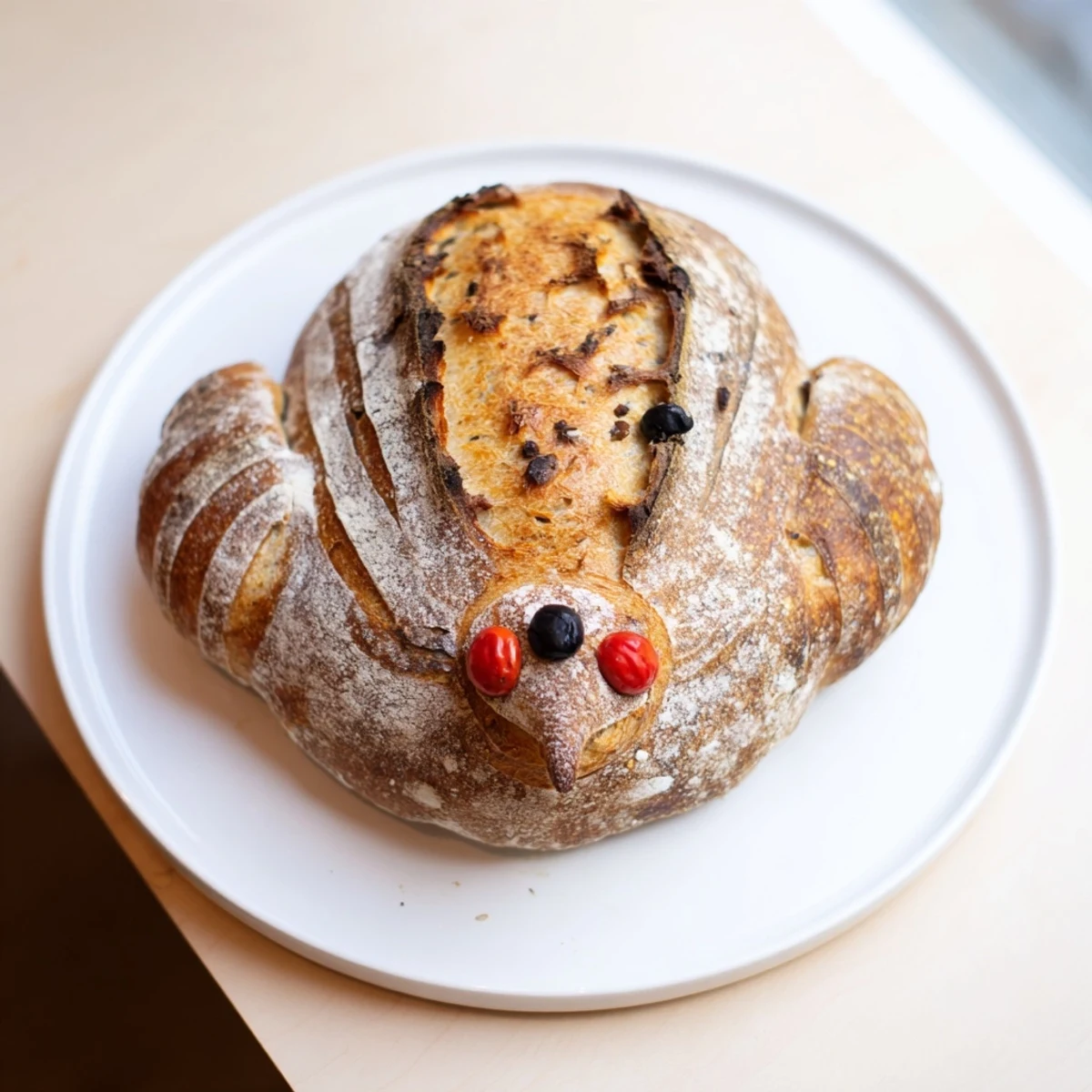 Festive turkey-shaped sourdough bread, golden brown and crusty, ready for a Thanksgiving feast.