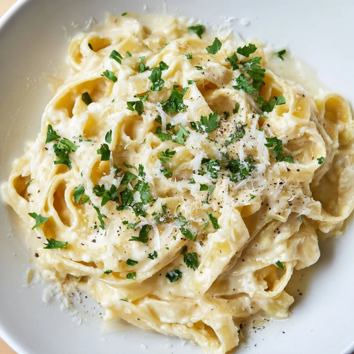 Creamy Roasted Cauliflower Alfredo pasta, showing the velvety sauce over perfectly cooked fettuccine, ready to eat.