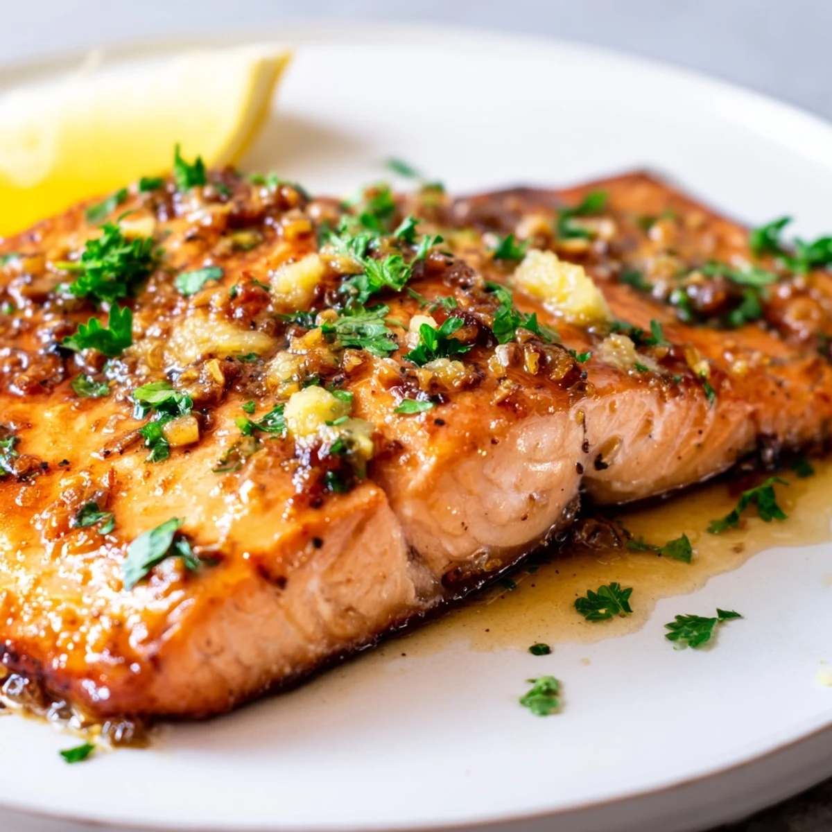 A close-up of tender honey garlic glazed salmon, showcasing the caramelized, flavorful glaze.