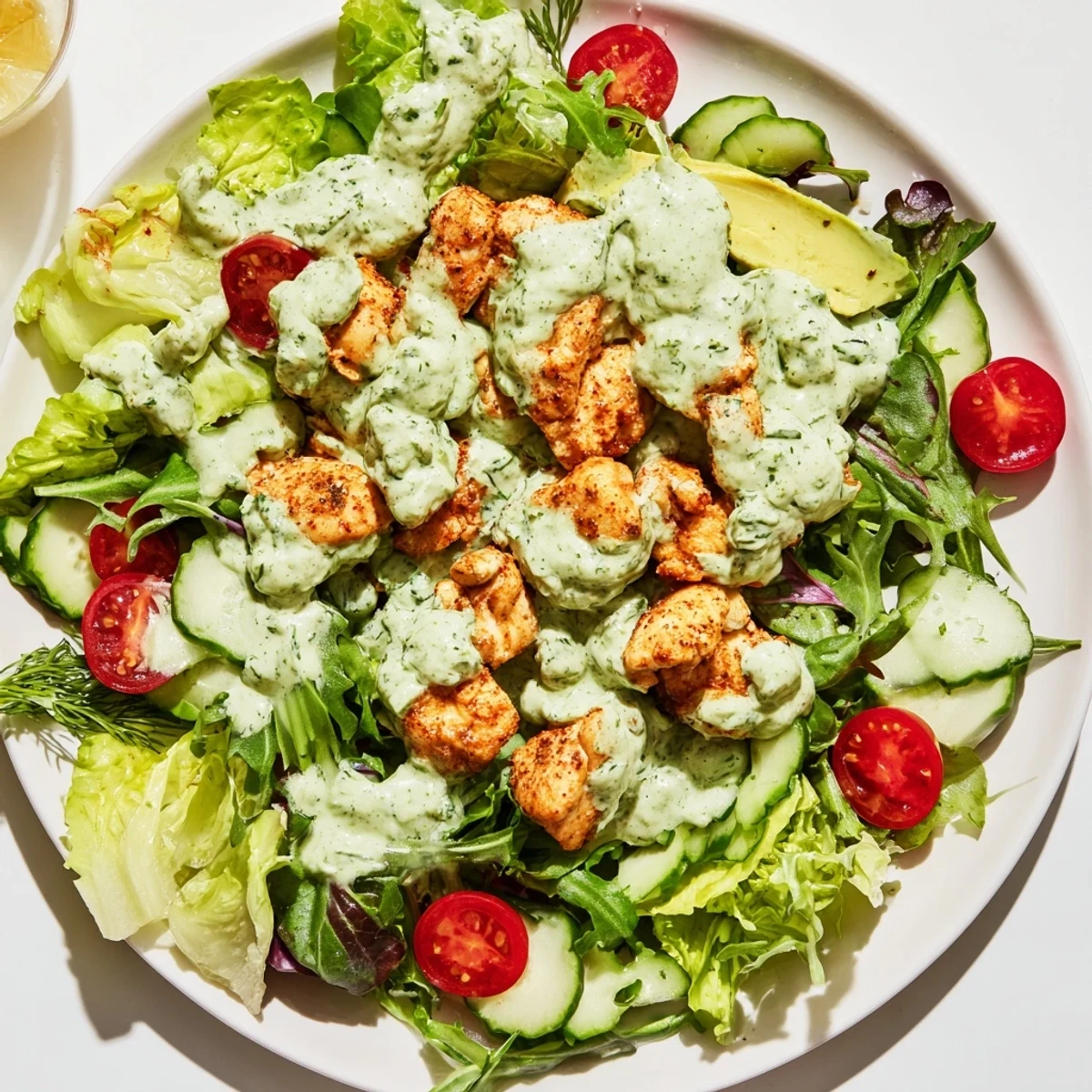 A vibrant plate displays creamy Green Goddess Chicken Salad with fresh greens and tomatoes.