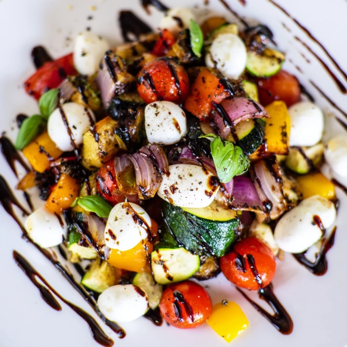 A close-up shot of the Roasted Veggie Caprese Salad, ready to be served.