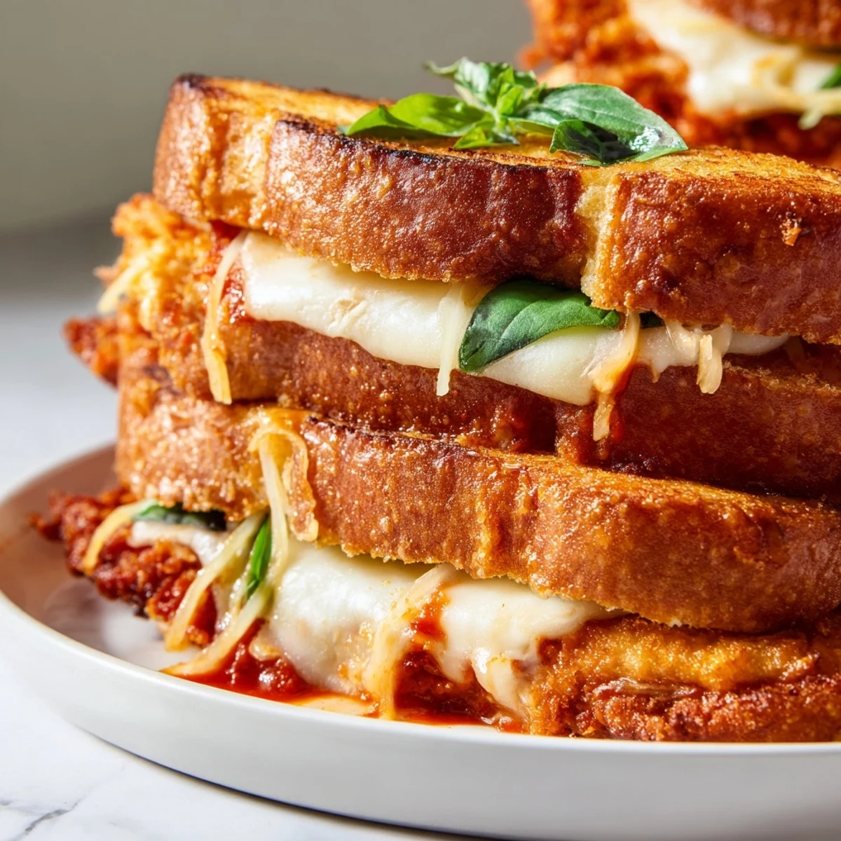 A close-up of a Chicken Parm Grilled Cheese, perfectly grilled with melted cheese and fresh basil.