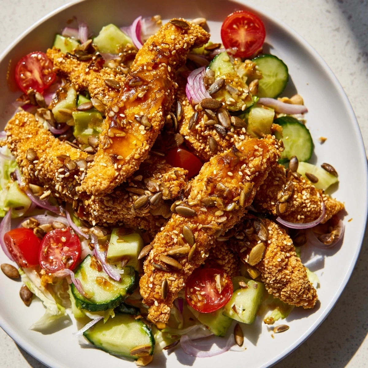 A close-up of Crispy Hot Honey Chicken Salad, with crunchy seeds offering texture and flavor.