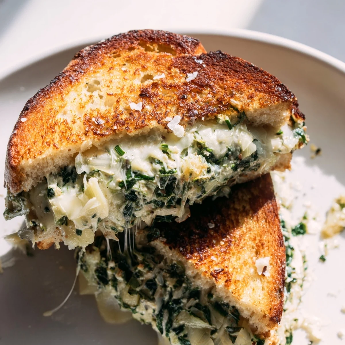 Decadent Artichoke Spinach Grilled Cheese with gooey, melted cheese, ready to eat.