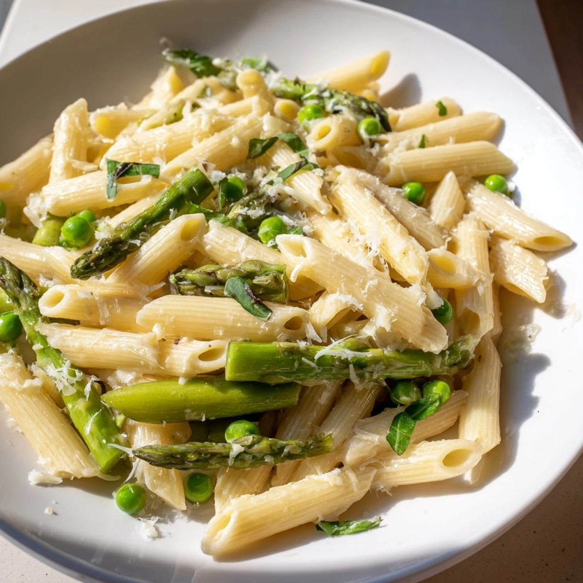 Garlic Parmesan Spring Vegetable Pasta with bright green veggies and creamy sauce, ready to serve.
