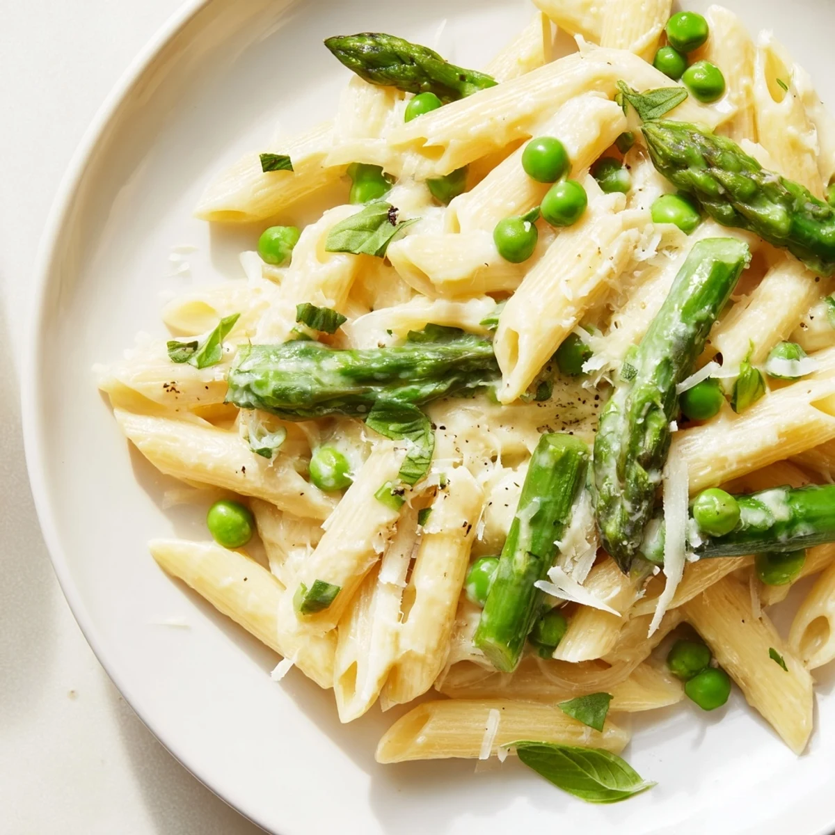 A flavorful bowl of Garlic Parmesan Spring Vegetable Pasta with fresh spring vegetables and Parmesan.