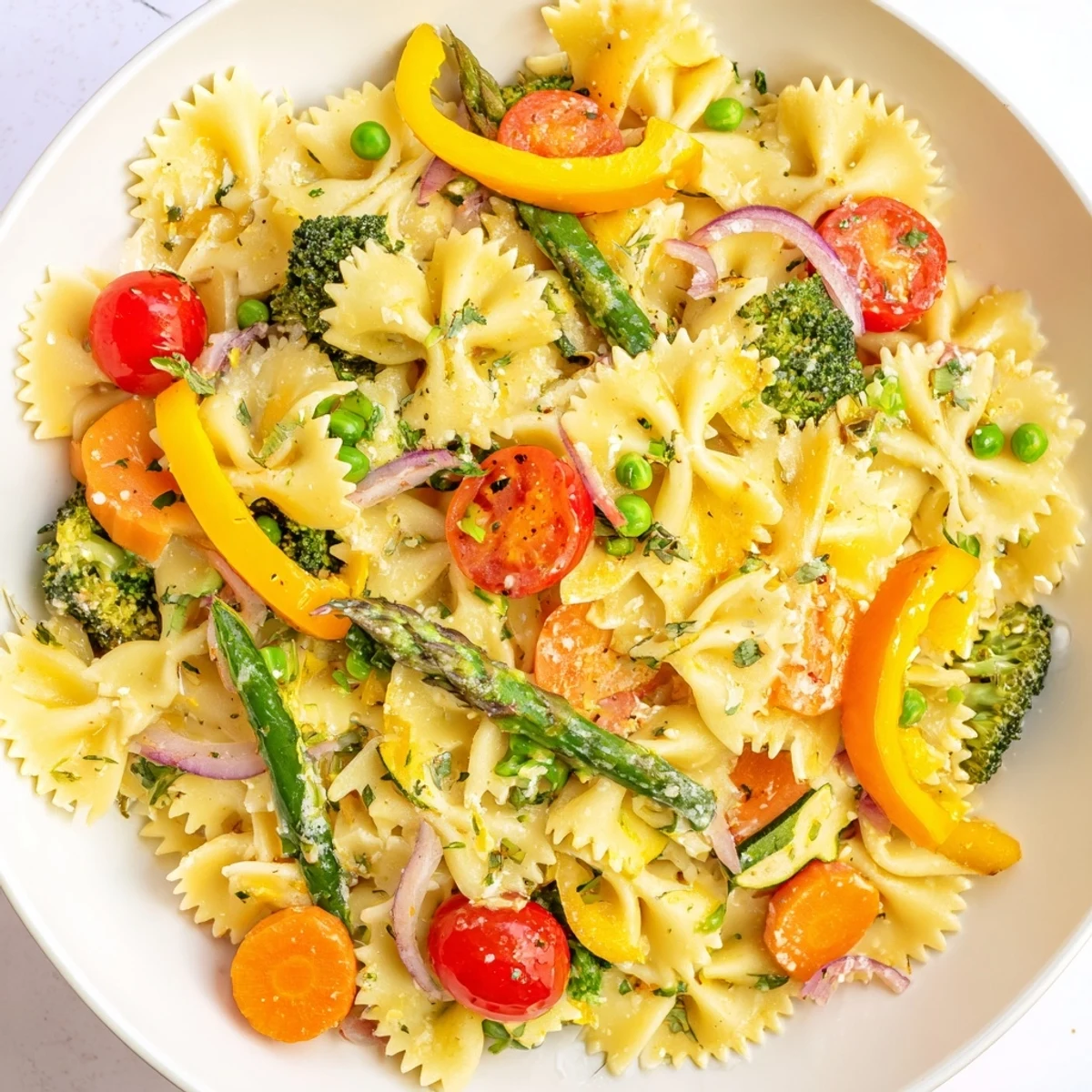 Close-up of Rainbow Veggie Pasta Primavera, a healthy and delicious, beautiful pasta dish.