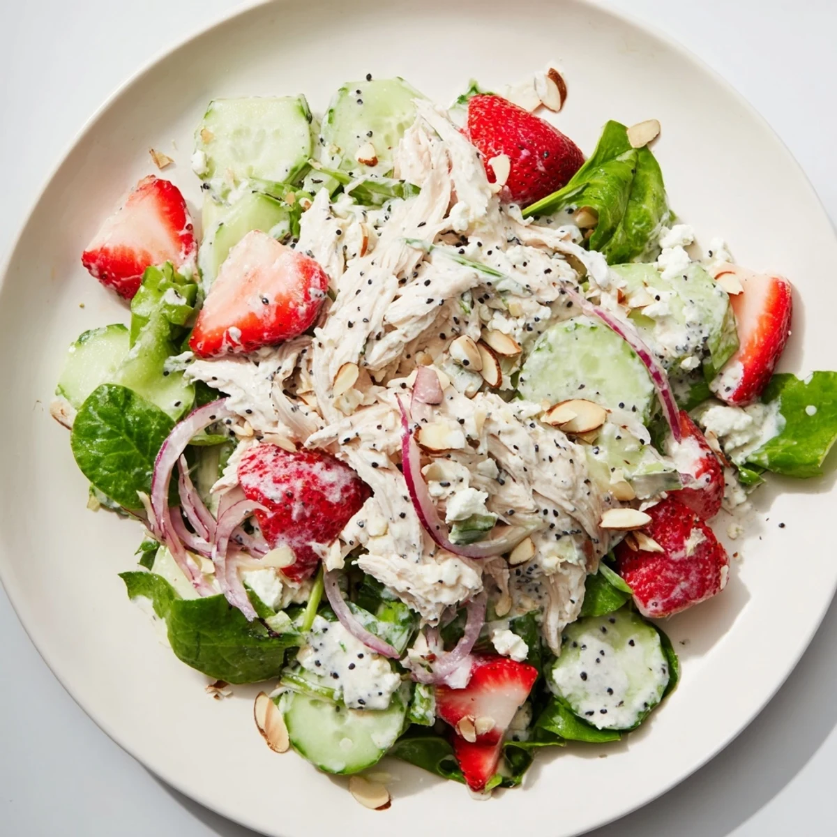 Bright, colorful image of Strawberry Poppy Seed Chicken Salad with fresh ingredients and creamy dressing.