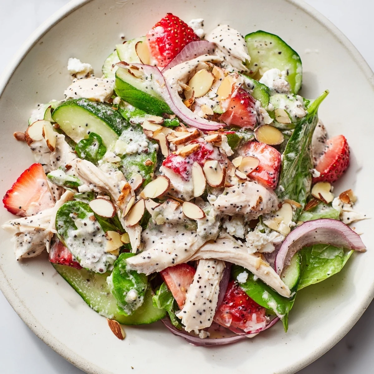Close-up of a delightful Strawberry Poppy Seed Chicken Salad, a refreshing summer salad ready to serve.