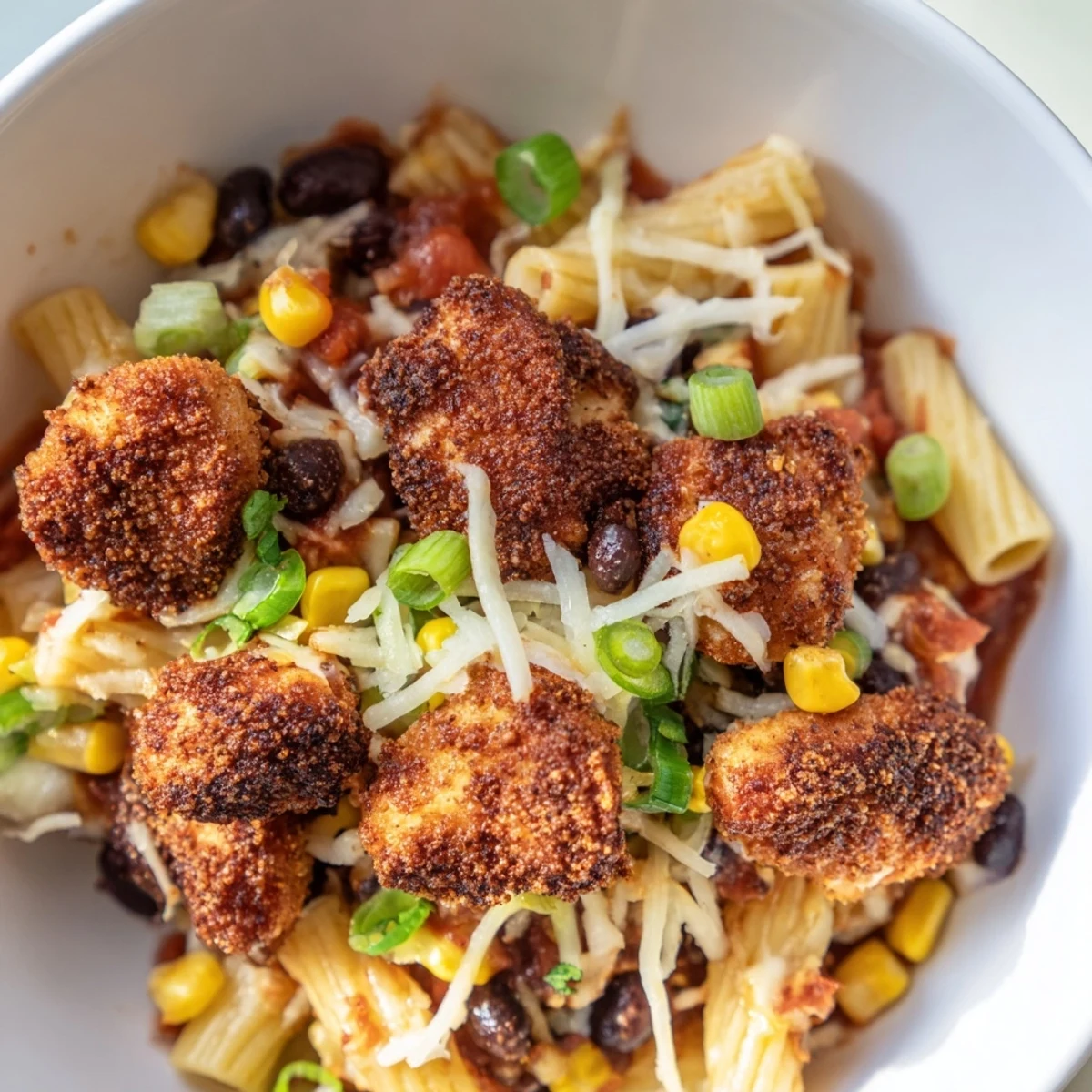 A skillet of savory, one-pan Crispy Chicken Burrito Pasta topped with melted cheese and fresh herbs.