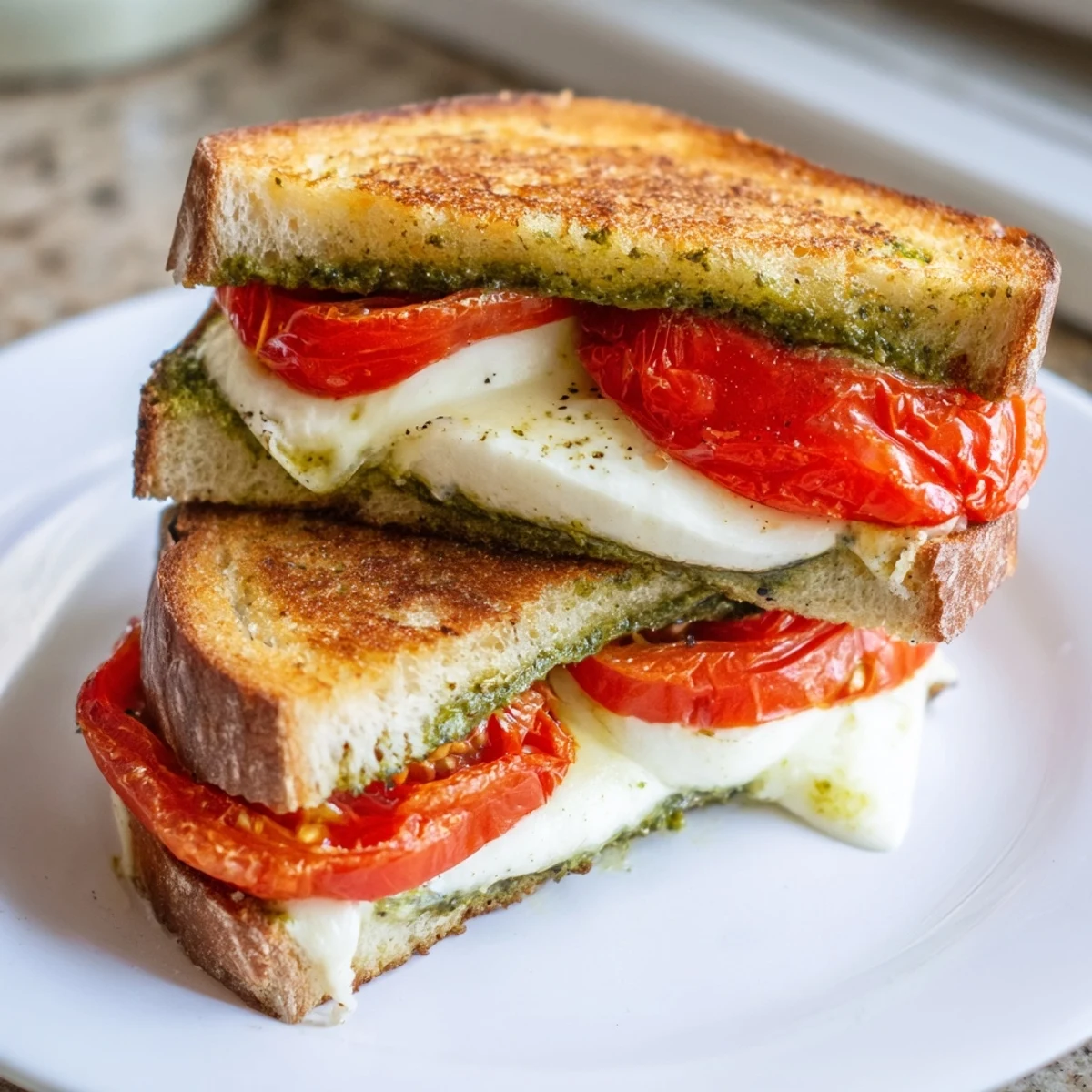 Golden, melted Caprese Pesto Grilled Cheese, showcasing warm mozzarella and juicy tomato layers.
