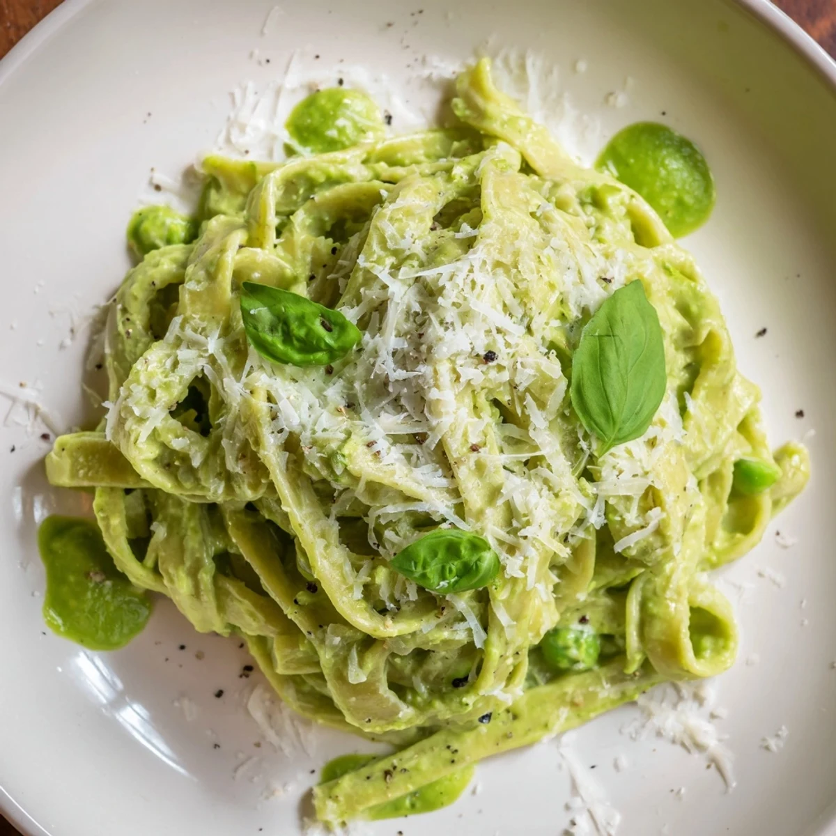 Creamy Green Pea Alfredo pasta is blanketed in a vibrant, smooth sauce, sprinkled with herbs.
