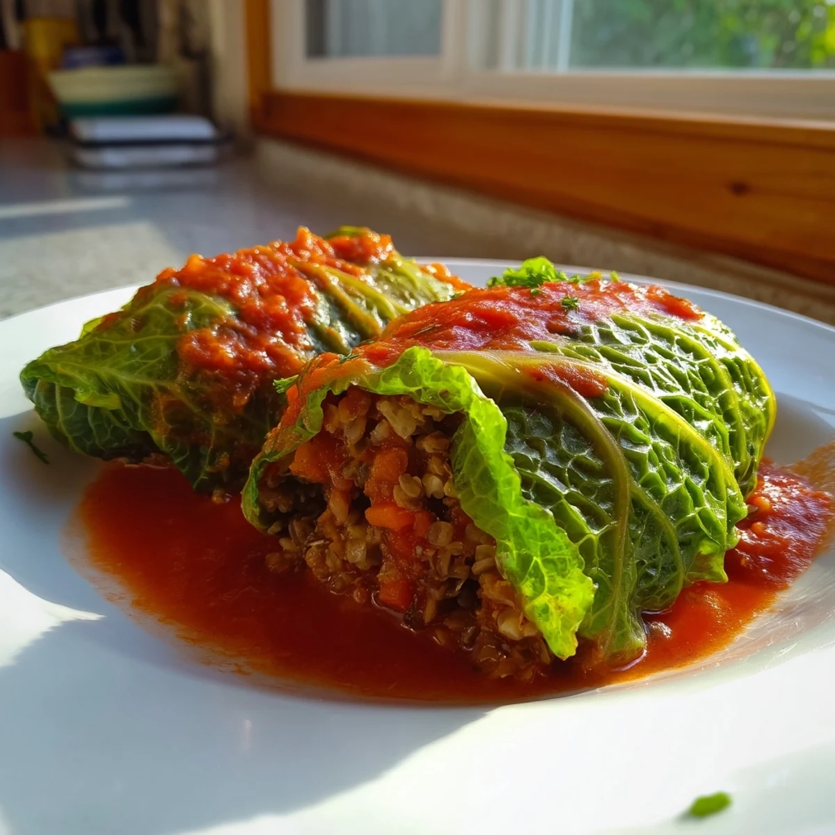 Baked Vegan Cabbage Rolls glistening with rich tomato sauce, served hot and bubbling straight from the oven.  