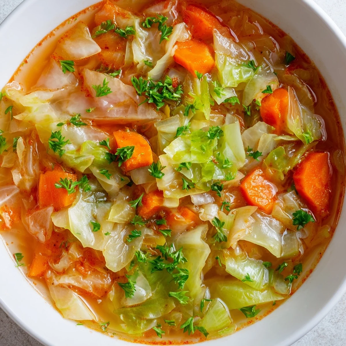 Sopa de repollo clásica recién hecha, con perejil fresco espolvoreado y vapor elevándose del caldo nutritivo.