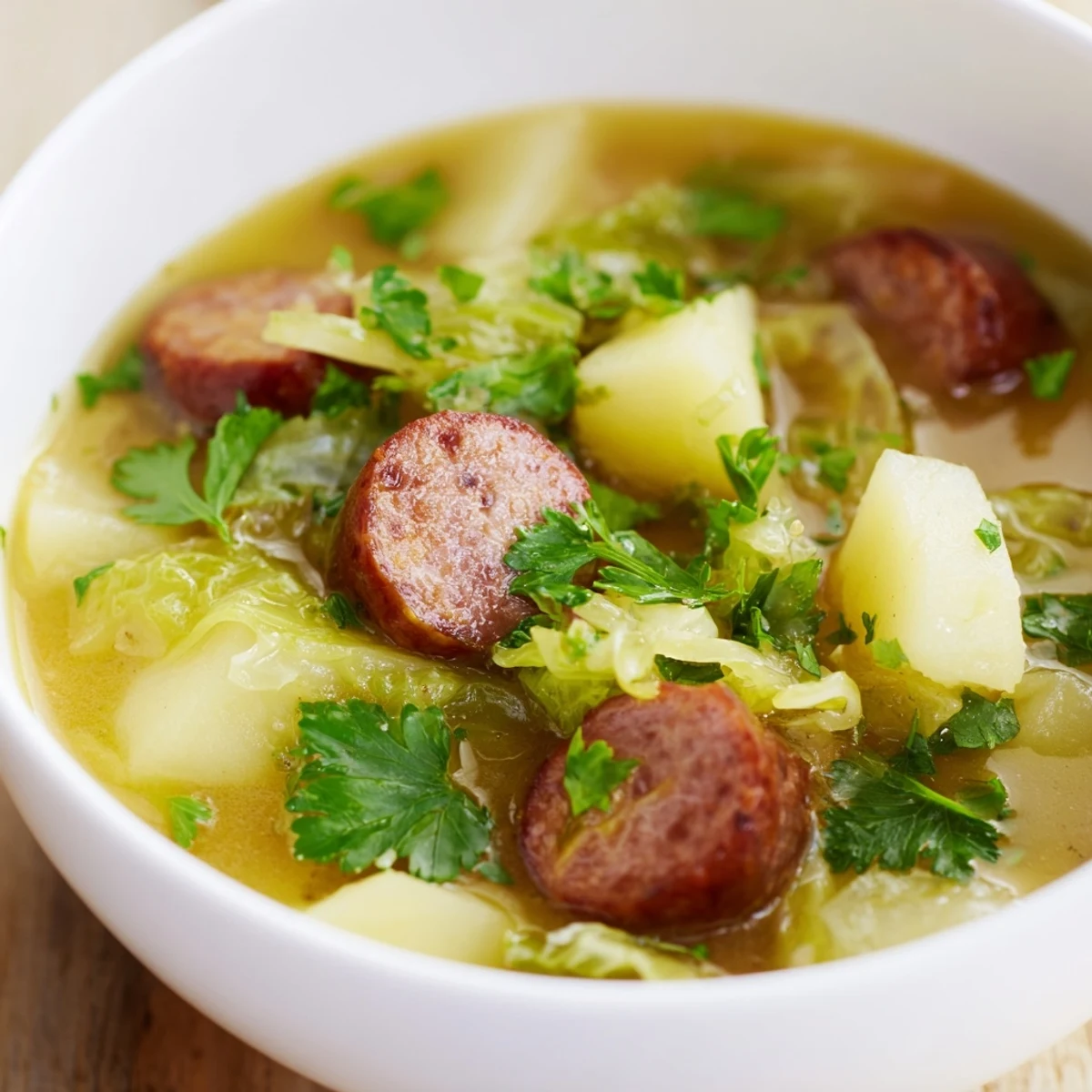 Hearty Sausage, Potato and Cabbage Soup served hot in a mug with crusty bread on a wooden table.