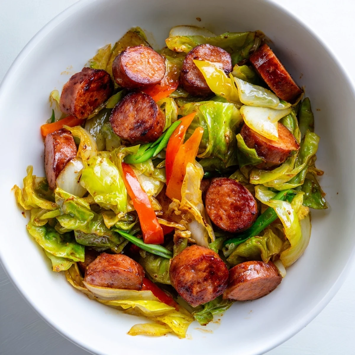 Smothered Cabbage With Sausage Skillet glistens with golden, caramelized cabbage and smoky sausage in a rustic pan.