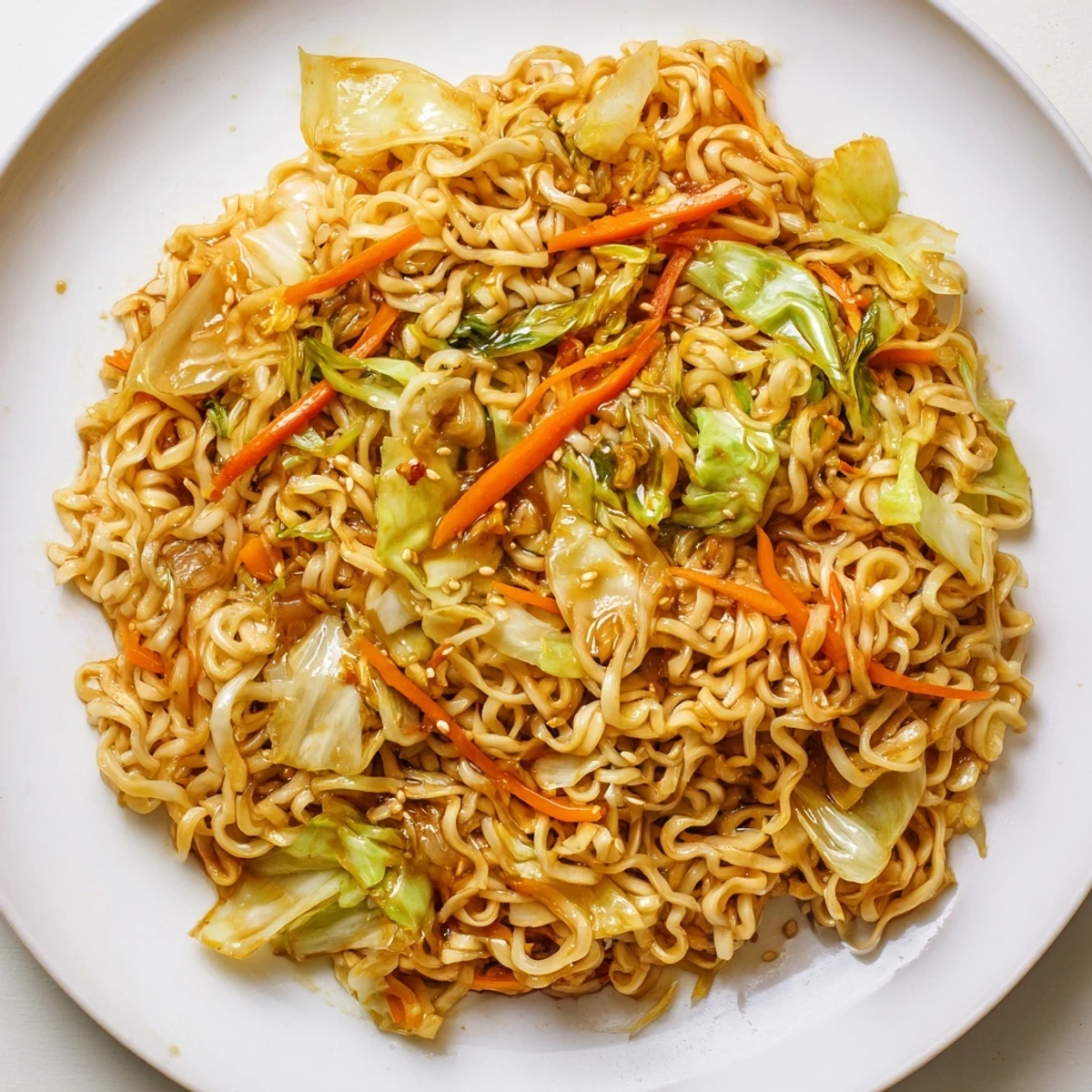 Fried Cabbage Ramen servido con zanahoria en tiras y cebolletas frescas sobre un bol oscuro