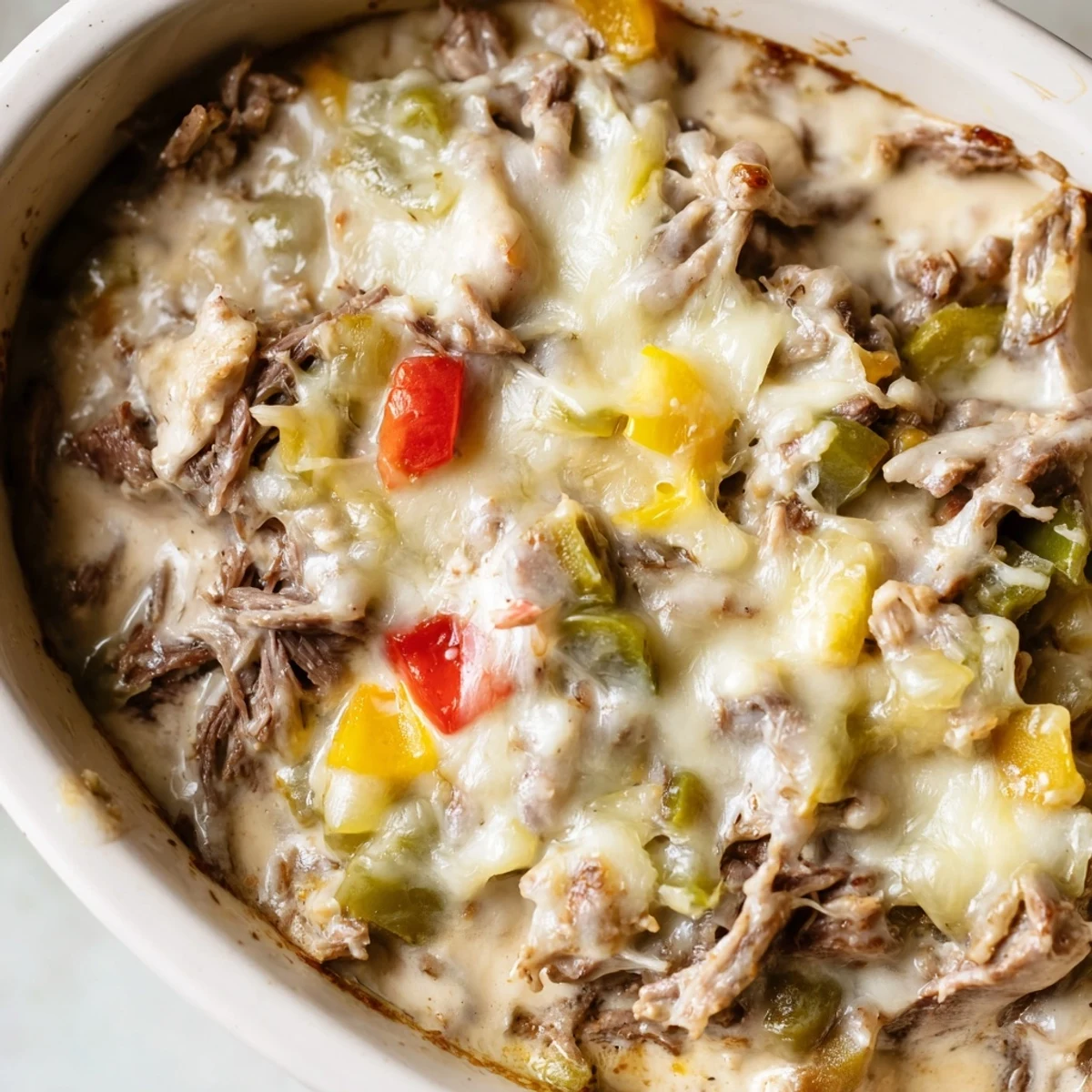 Golden-brown Philly Cheesesteak Dip baked in a dish, topped with bubbly melted provolone and served with toasted baguette slices.  