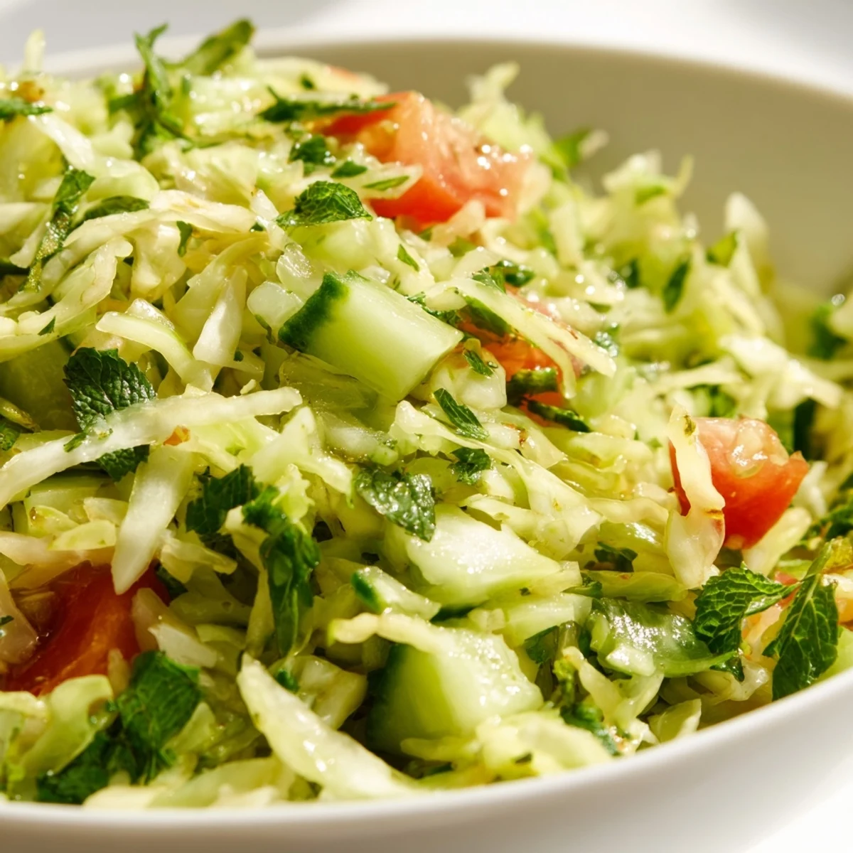 Deliciosa ensalada libanesa de repollo, acompañada de pepino, tomate y menta para un toque refrescante.