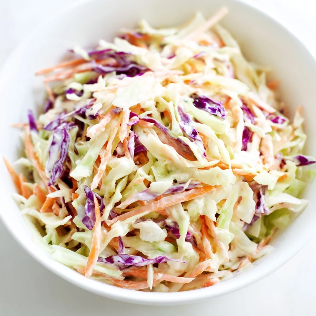 Vibrant Coleslaw With Creamy Dressing on a picnic table, colorful shredded cabbage and carrots glistening in the creamy sauce, perfect for summer.