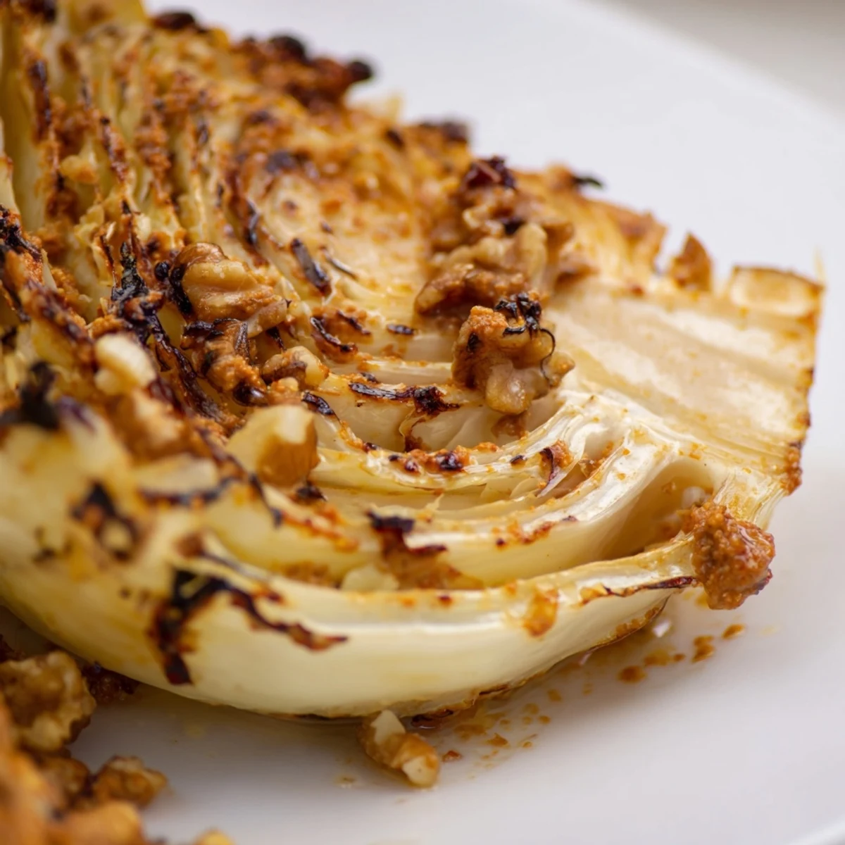 Baked Cabbage Salad With Winter Romesco en rodajas doradas con salsa roja y nueces.
