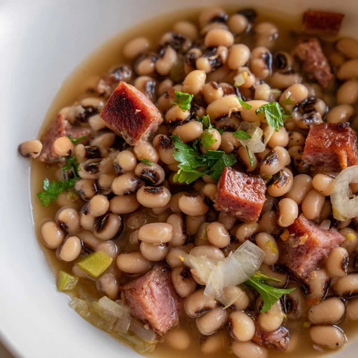A ladle of Southern-Style Black-Eyed Peas with bacon and sausage, showcasing the tender beans in a savory broth.