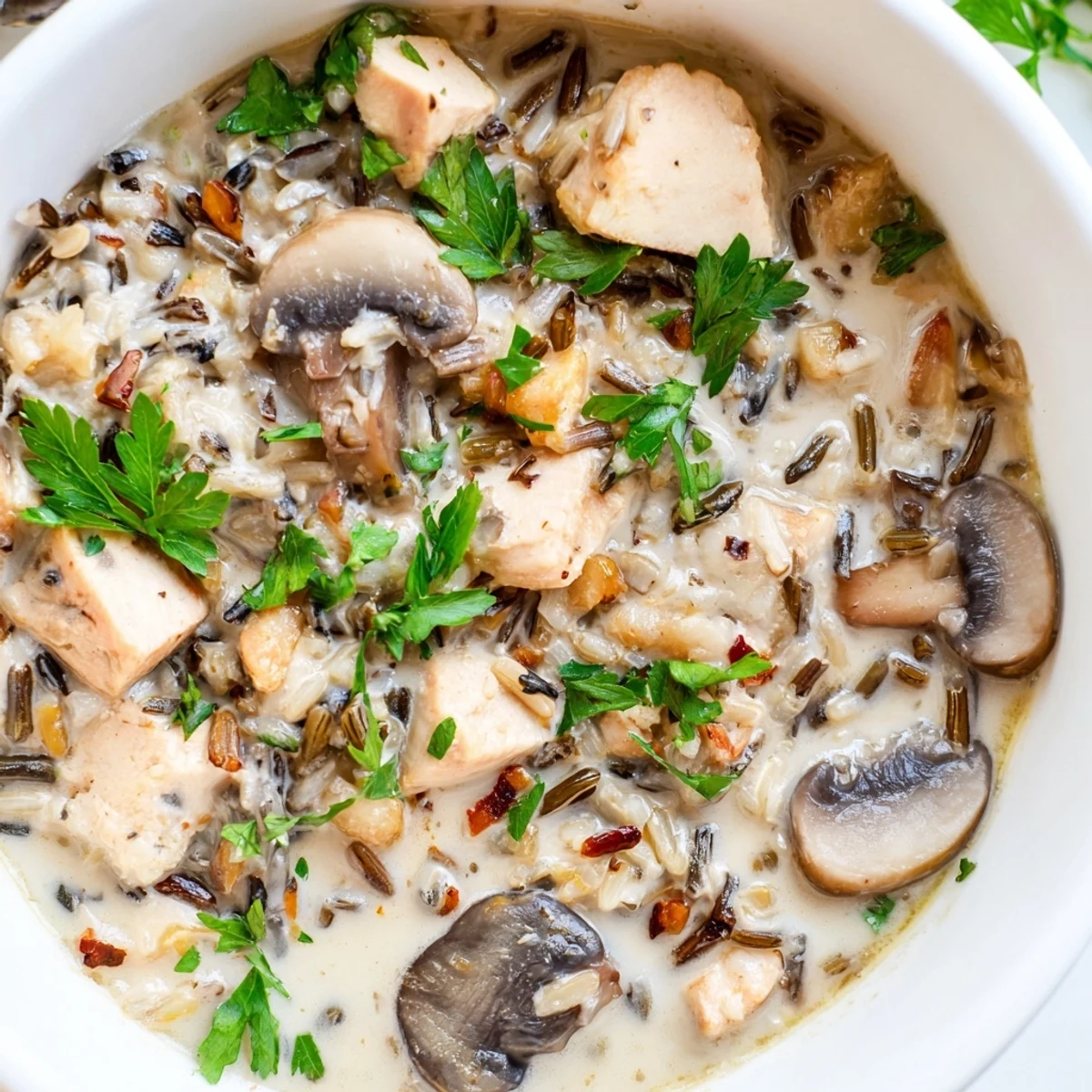 Una cuchara grande de sopa cremosa de pollo, champiñones y arroz salvaje, servida en un tazón para una cena reconfortante.