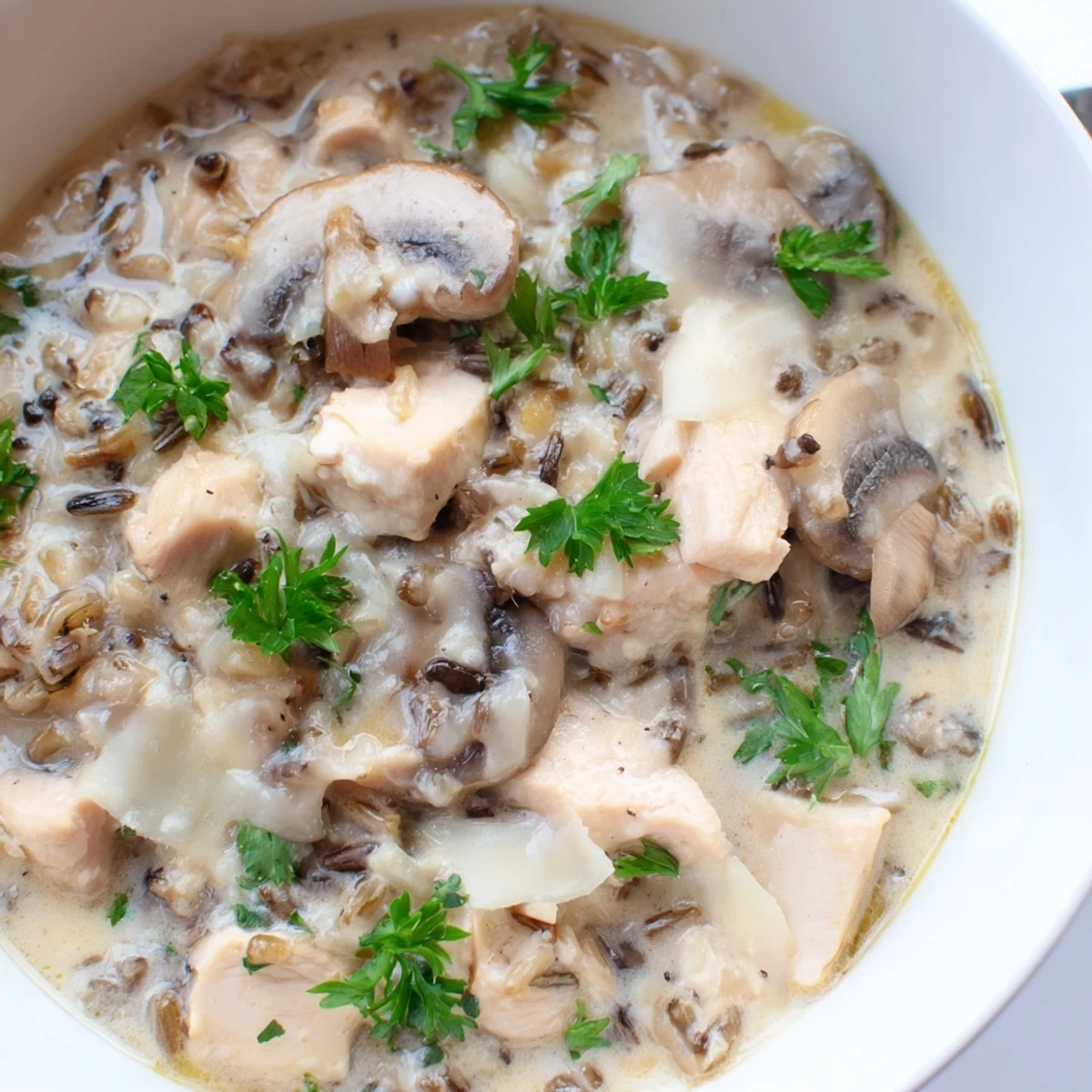 Sopa caliente de arroz salvaje y pollo con espinacas y champiñones, con un toque de queso Parmesano recién rallado para servir.