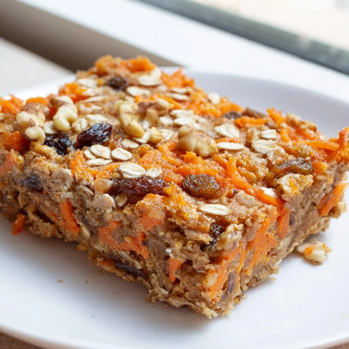 Rebanada de cocción de avena al horno con zanahorias, con trozos de zanahoria y pasas visibles, perfecta para un desayuno nutritivo y reconfortante.