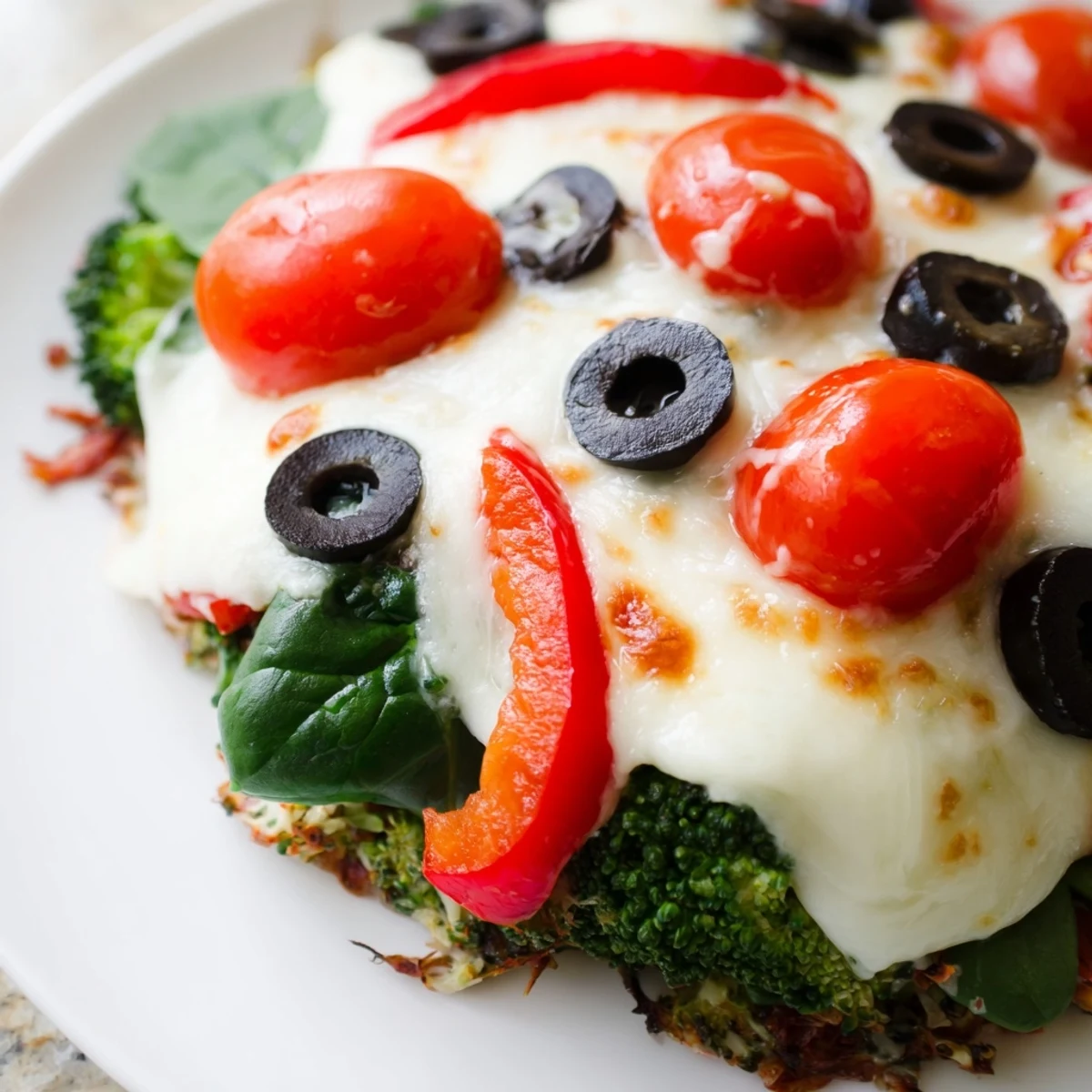 Deliciosa Broccoli Chicken Crust Pizza servida con hojas de albahaca y salsa de tomate