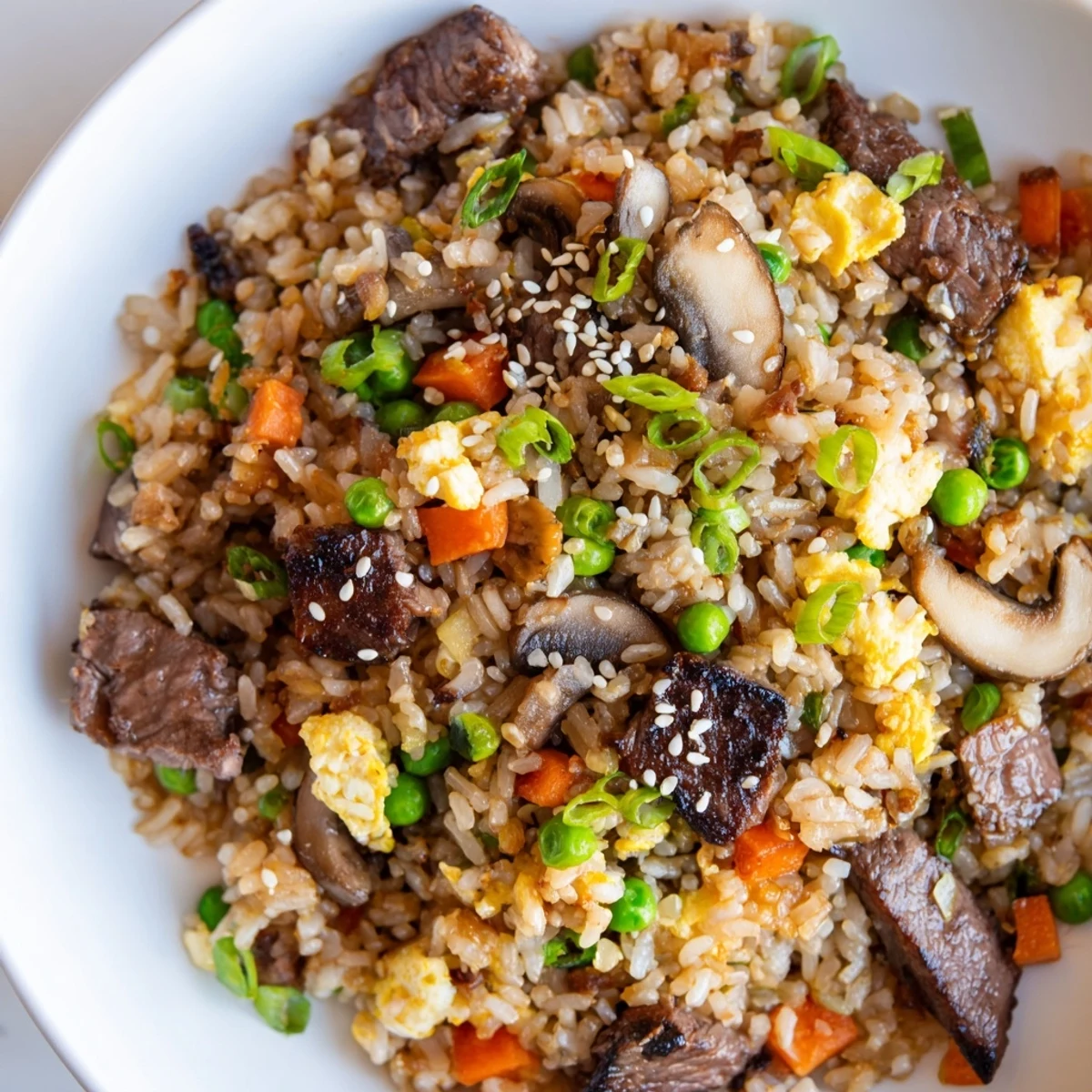 Primer plano de Easy Hibachi Steak With Fried Rice con bistec jugoso, zanahorias, guisantes y arroz frito en un fondo de cocina moderna.