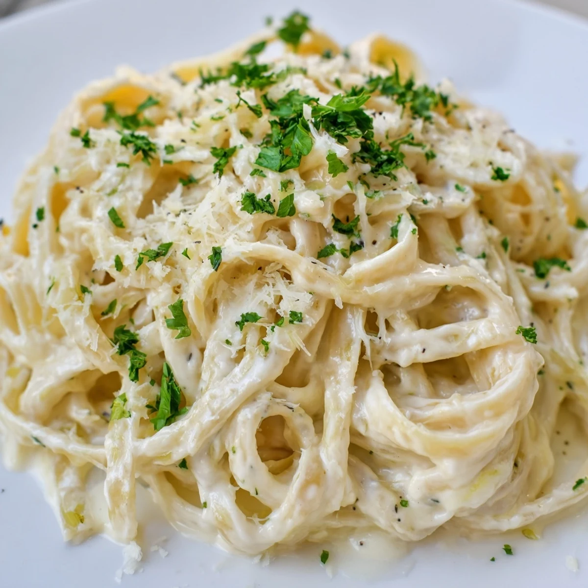 Cremosas fettuccine alfredo de coliflor, decoradas con perejil fresco y queso parmesano, servidas en un plato blanco.
