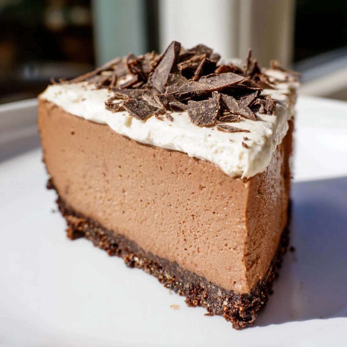 Una generosa porción de Lighter Chocolate Cottage Cheese Cheesecake con una textura cremosa y espolvoreada de virutas de chocolate oscuro, lista para servir.