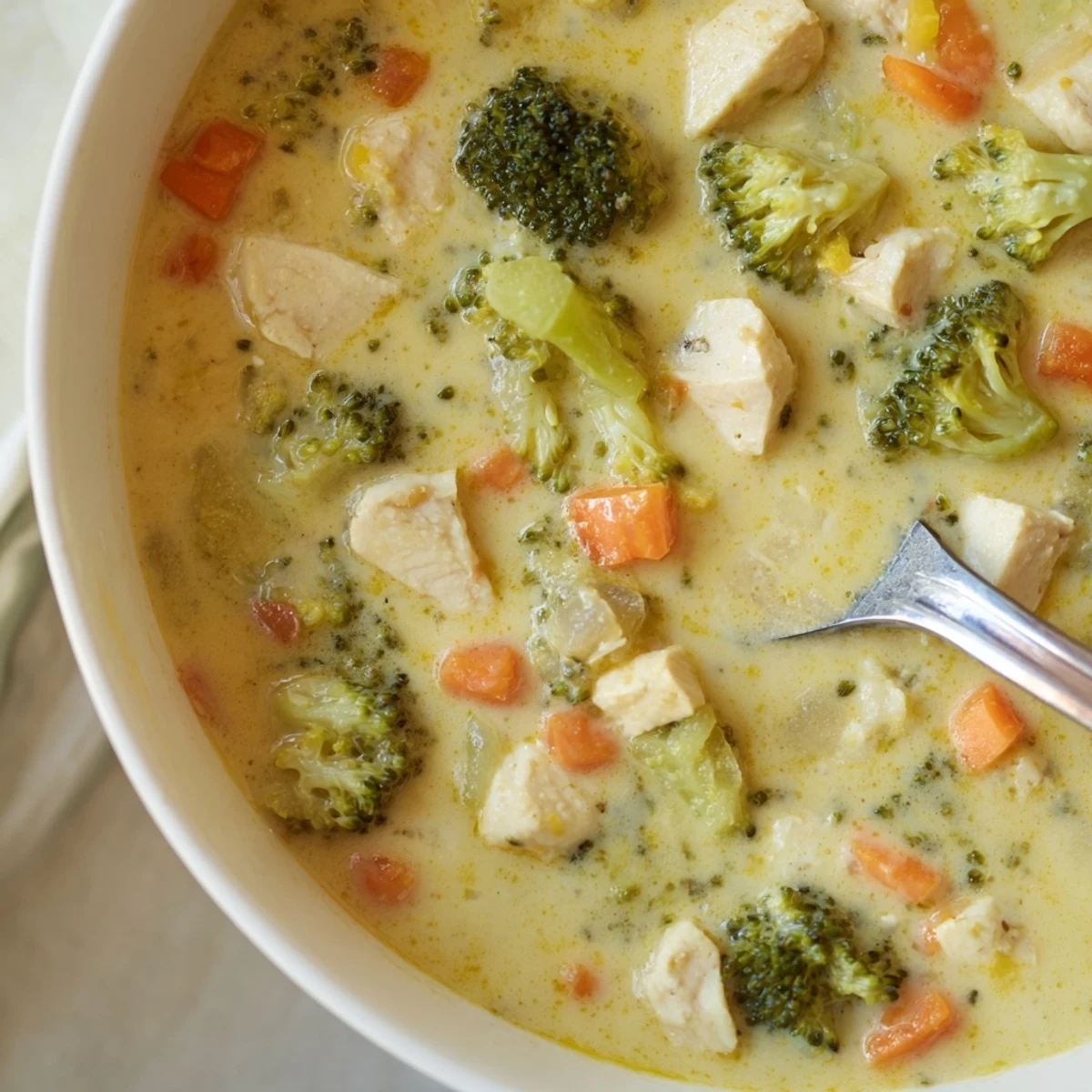 Comforting bowl of Chicken Broccoli Cheddar Soup, garnished with herbs and served alongside crusty bread.