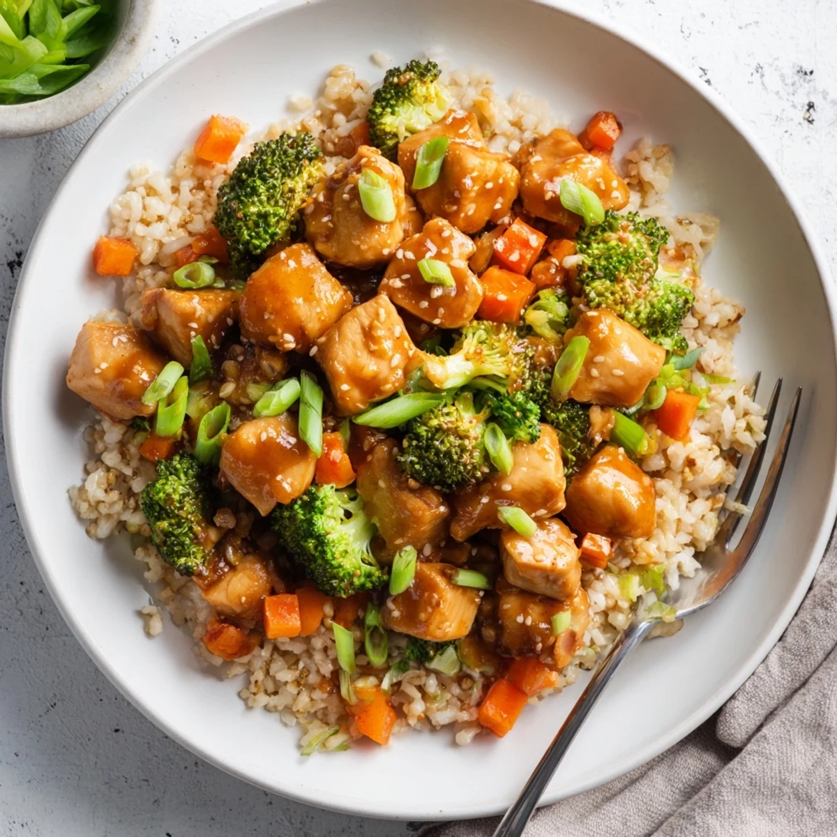 One Pan Honey Garlic Chicken Broccoli Rice steaming in a skillet with golden chicken and vibrant green vegetables.  