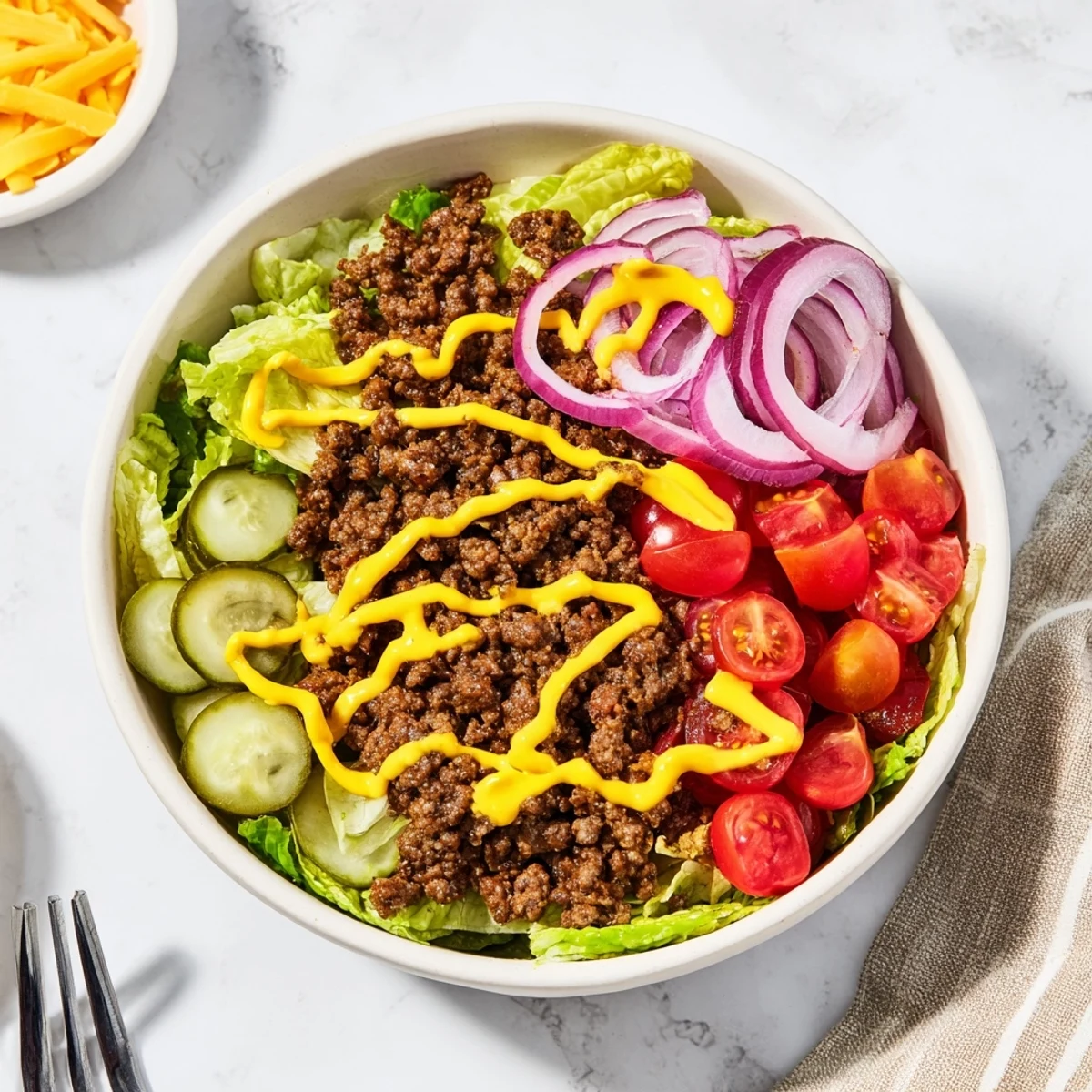 Tazones de Easy Big Mac con carne molida dorada, lechuga crujiente, tomates y cebolla roja.