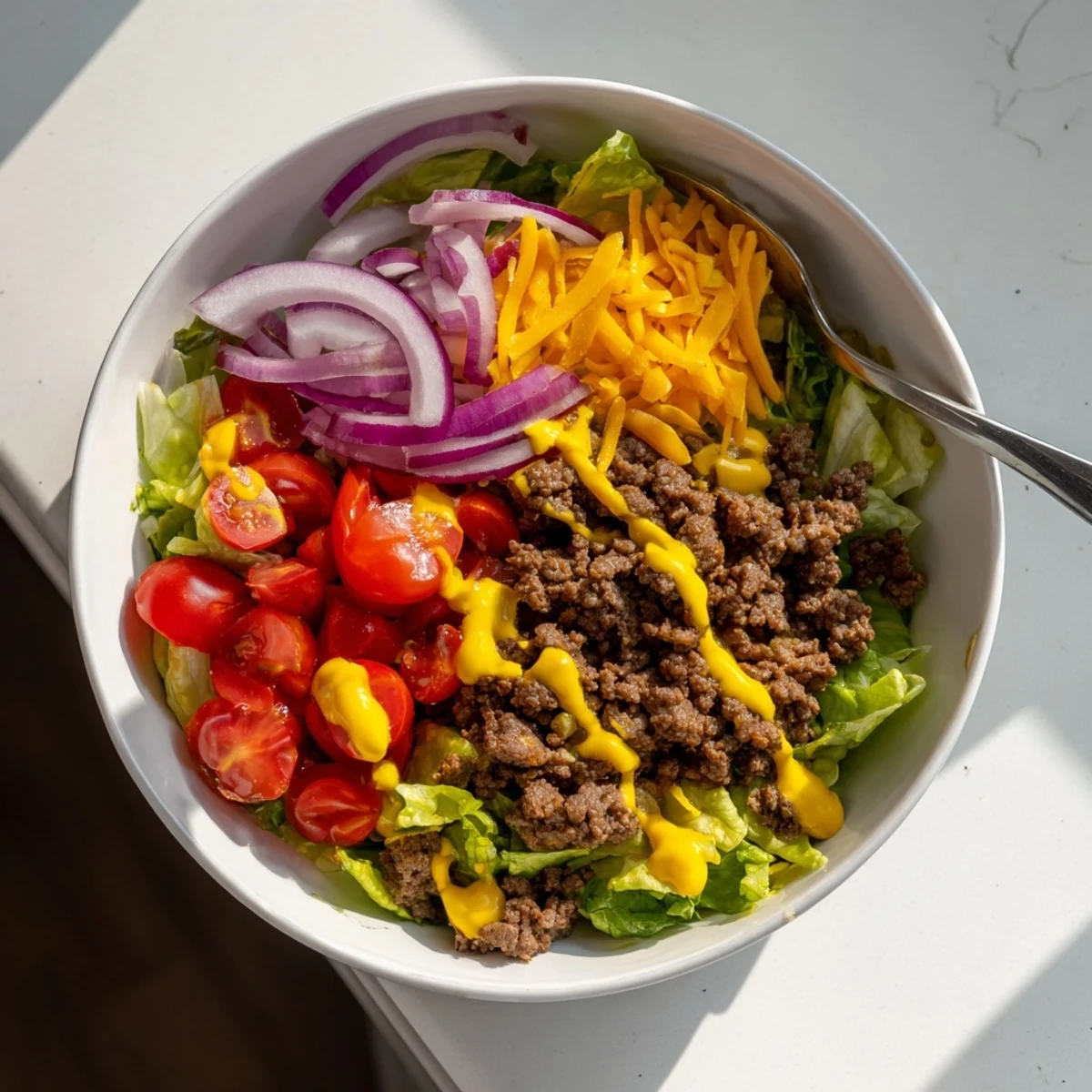 Easy Big Mac en un tazón para una cena rápida y sin gluten, servido con pepinillos.