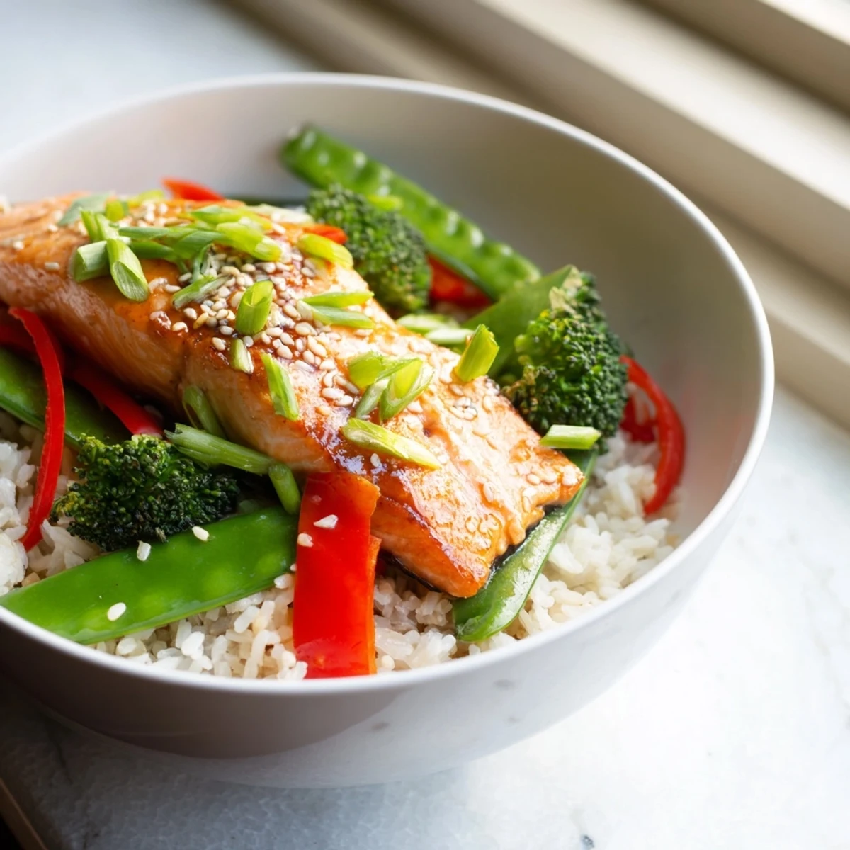 Un plato de Maple Soy Glazed Salmon con arroz esponjoso y vegetales crujientes.
