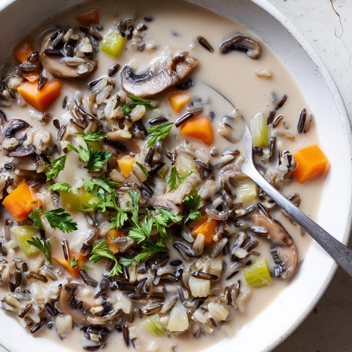 Un bol humeante de sopa de arroz salvaje y champiñones con textura cremosa y perejil fresco.