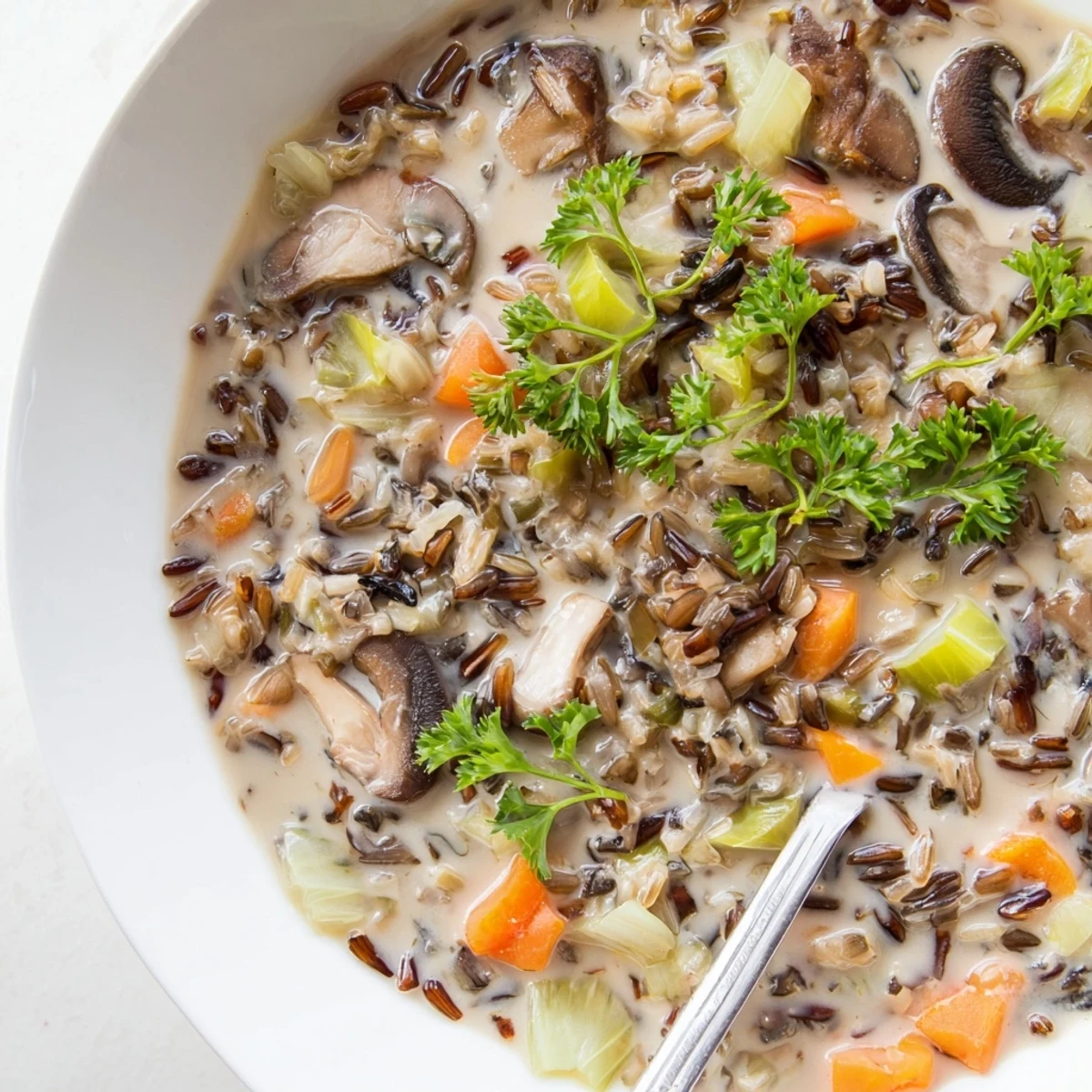 Sopa cremosa de arroz salvaje y champiñones silvestres con romero y tomillo, ideal para un almuerzo reconfortante.