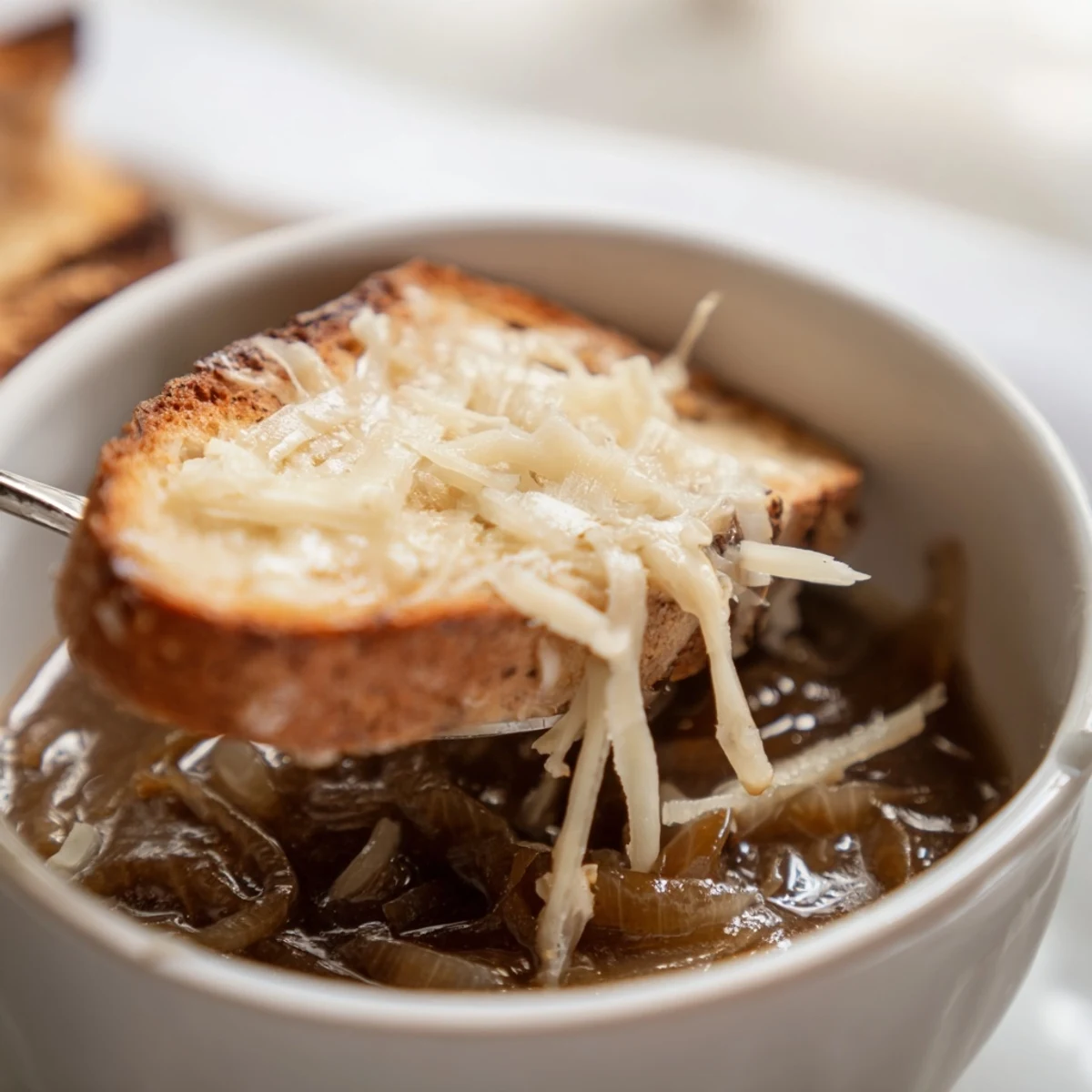 La sopa francesa de cebolla clásica se sirve humeante en un bol, con pan tostado y un dorado queso Gruyère burbujeante.