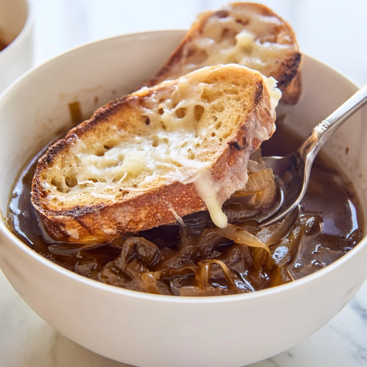 Una tazón generoso de sopa francesa de cebolla con rebanadas de baguette gratinadas y cebollas caramelizadas en un rico caldo.