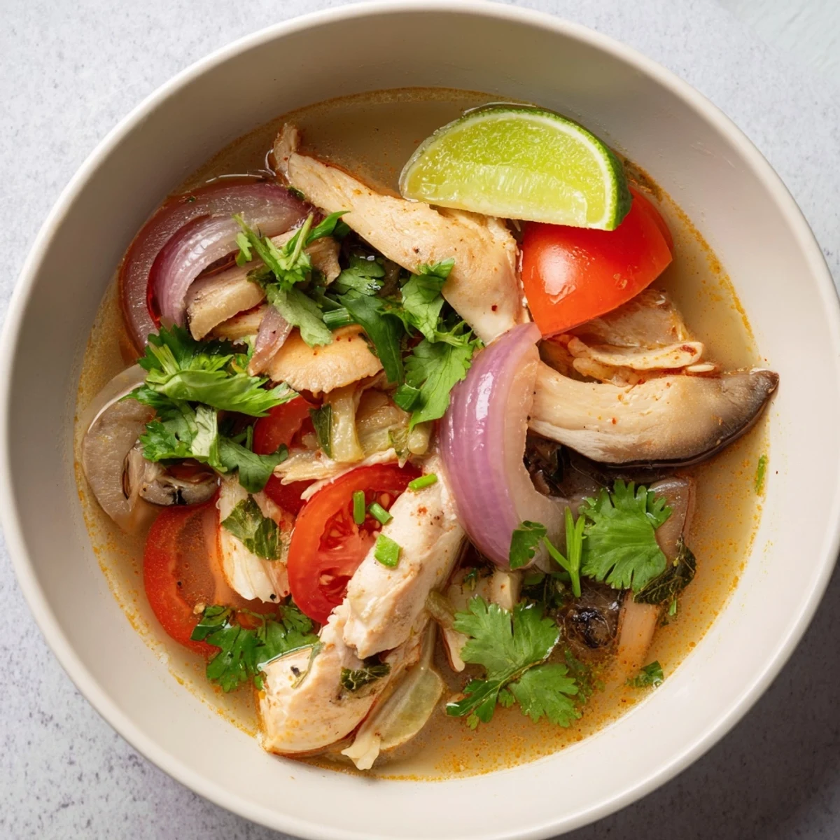 Sopa Tom Yum Chicken con pollo, champiñones y tomate en un bol de cerámica, decorada con cilantro y rodajas de lima para un toque fresco.