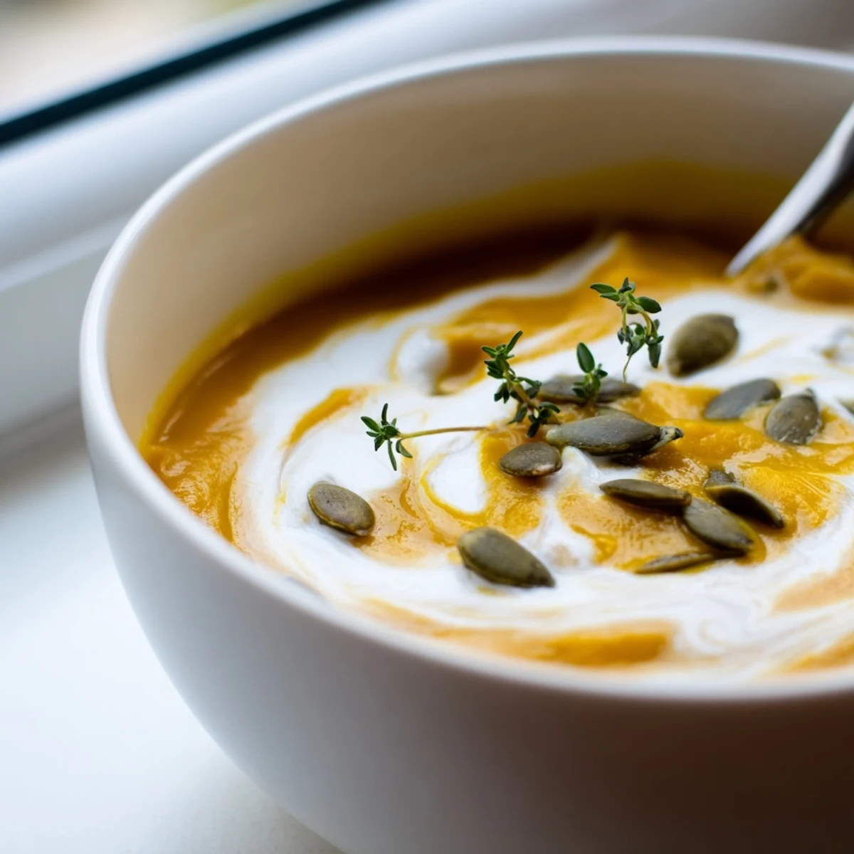 Deliciosa sopa de calabaza butternut asada servida caliente, acompañada de pan crujiente para di