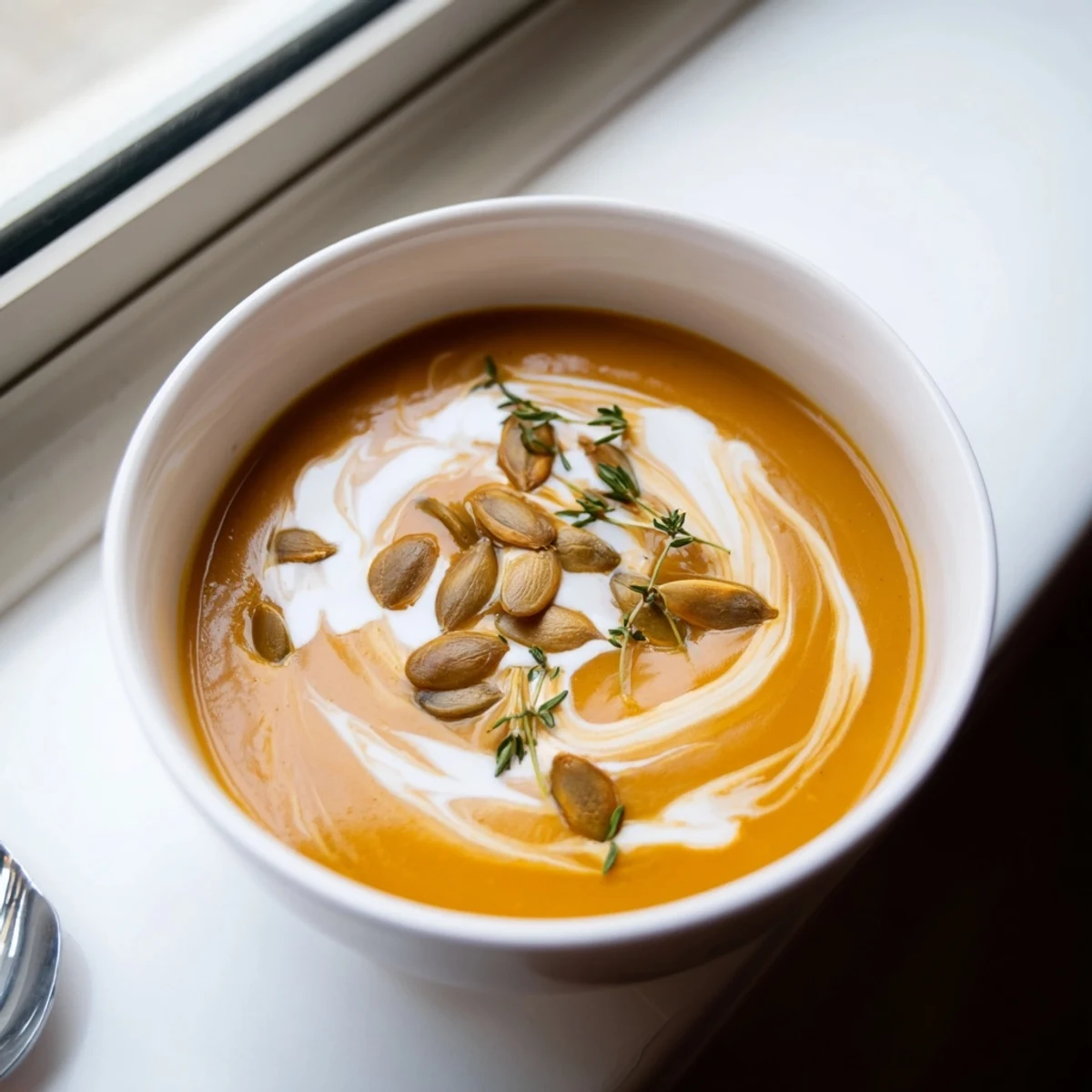 Cremosa sopa de calabaza butternut asada con semillas de calabaza tostadas, en tazón