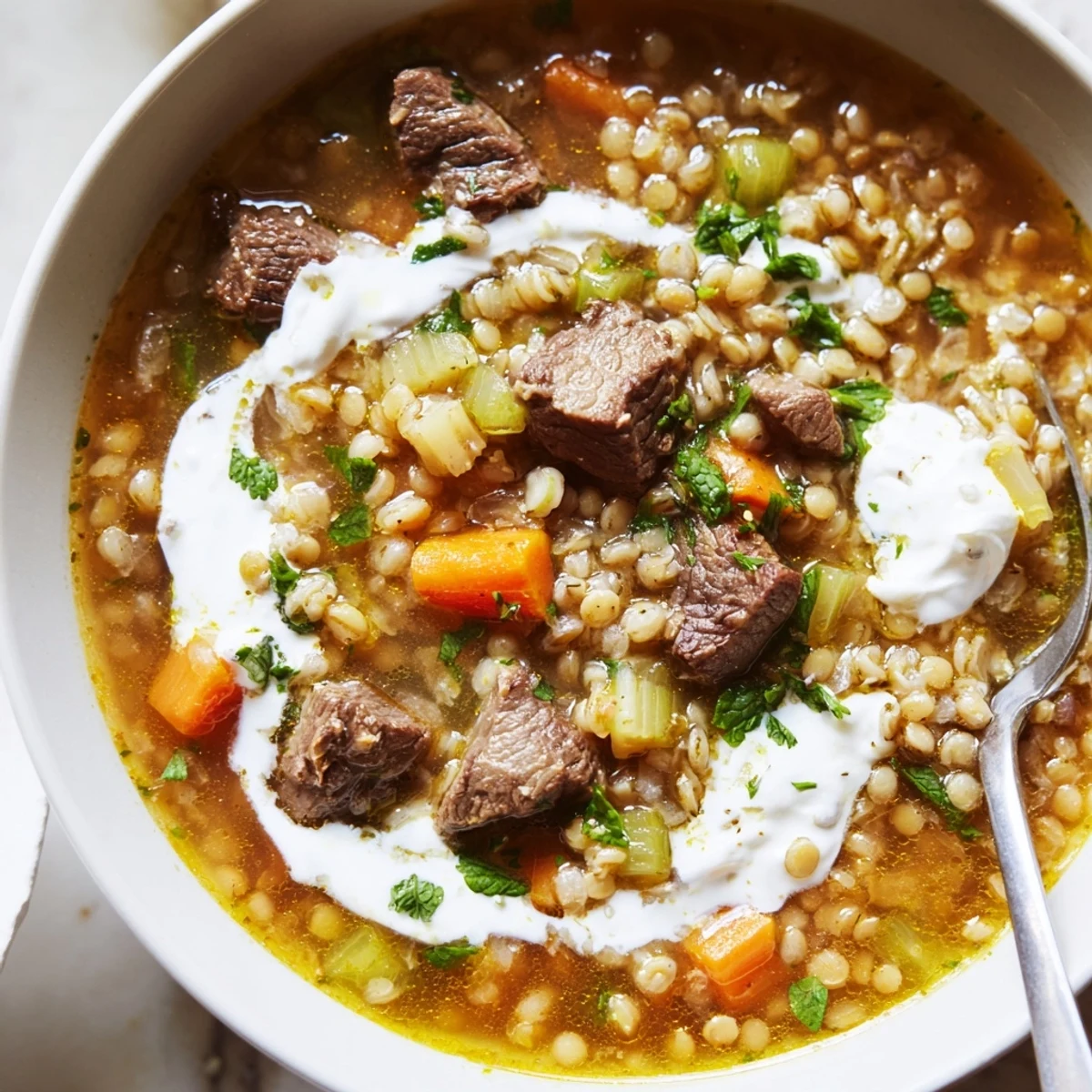 Una tazón humeante de sopa de cebada y res con una cucharada de crema agria y aros de cebolla frita al menta.