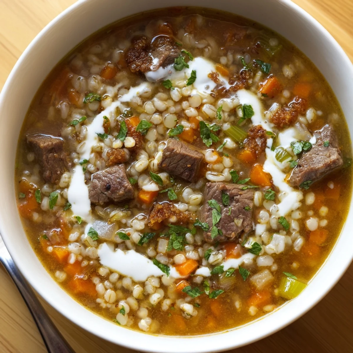 Primer plano de los trozos de carne de res cocida, granos de cebada y frijoles en un caldo aromático.